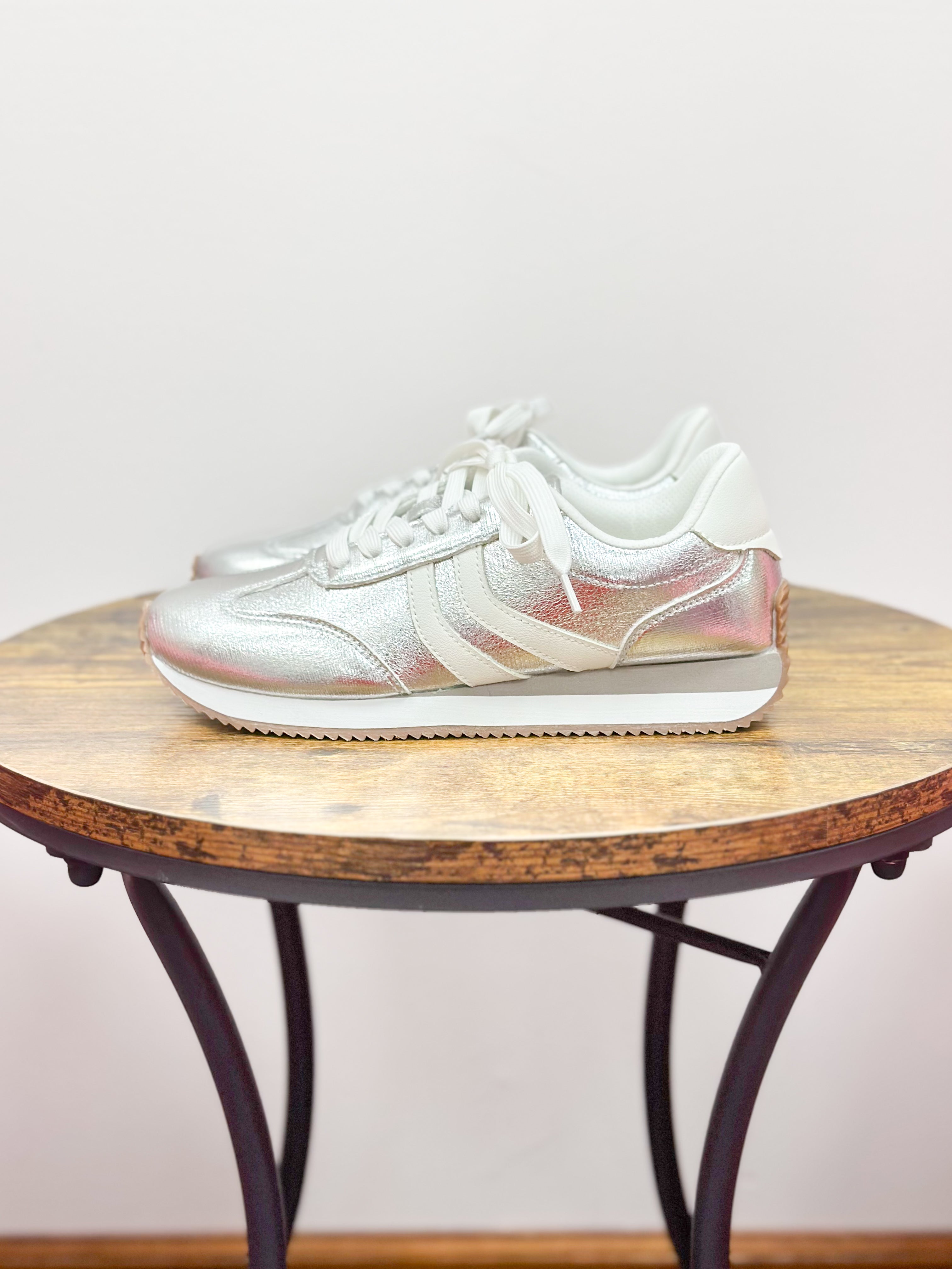 Corkys Kickoff Metallic Crinkle Silver Sneakers