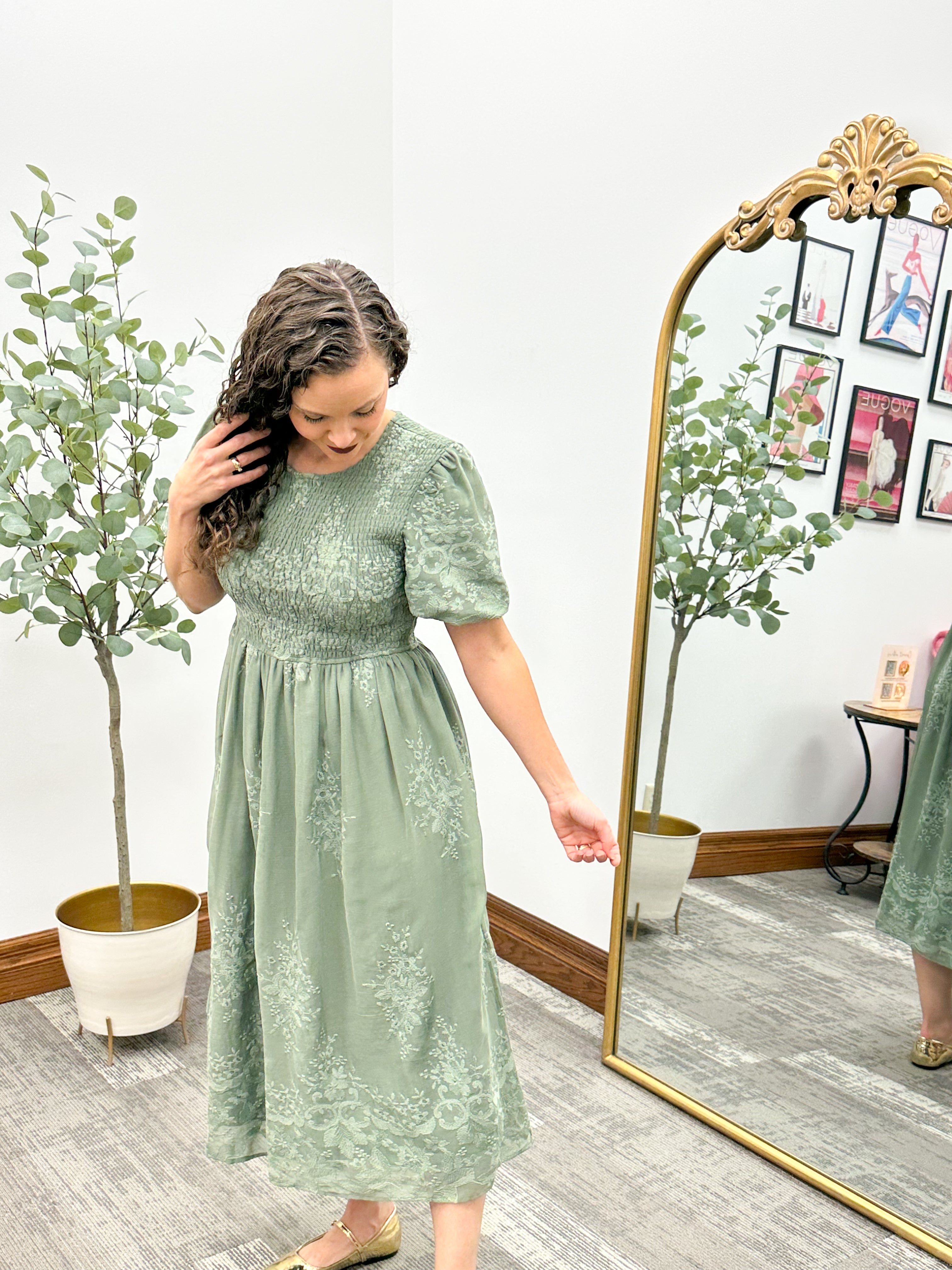 Olive Floral Embroidered Midi Dress