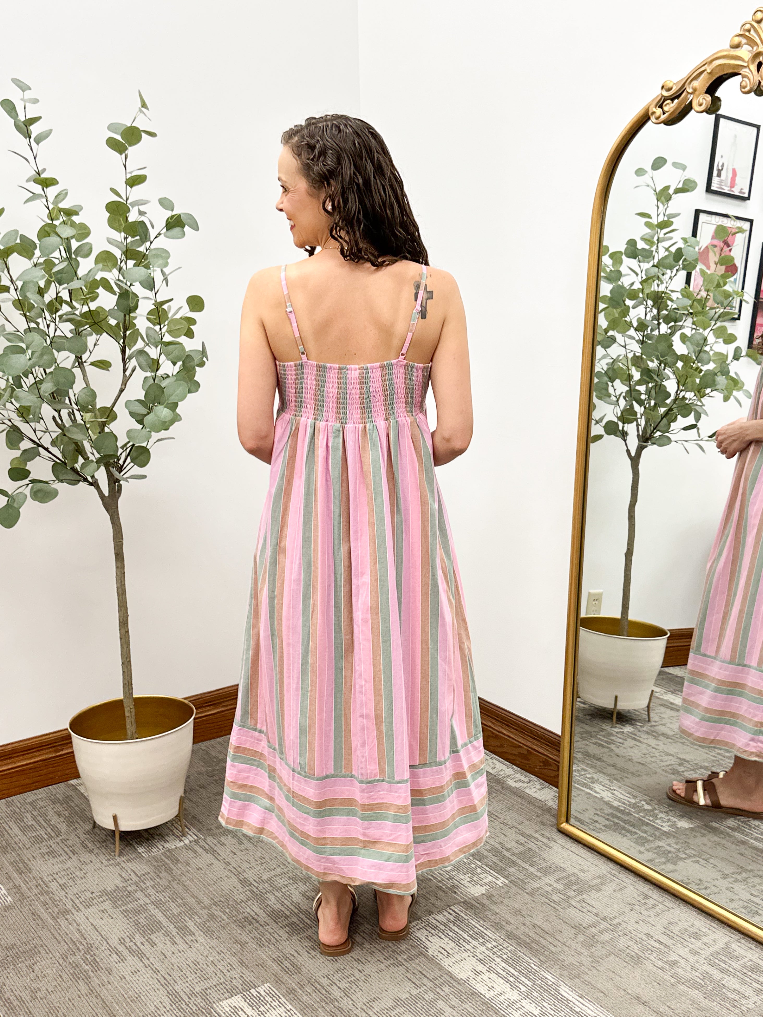 Multicolor Stripe Smocked Midi Dress