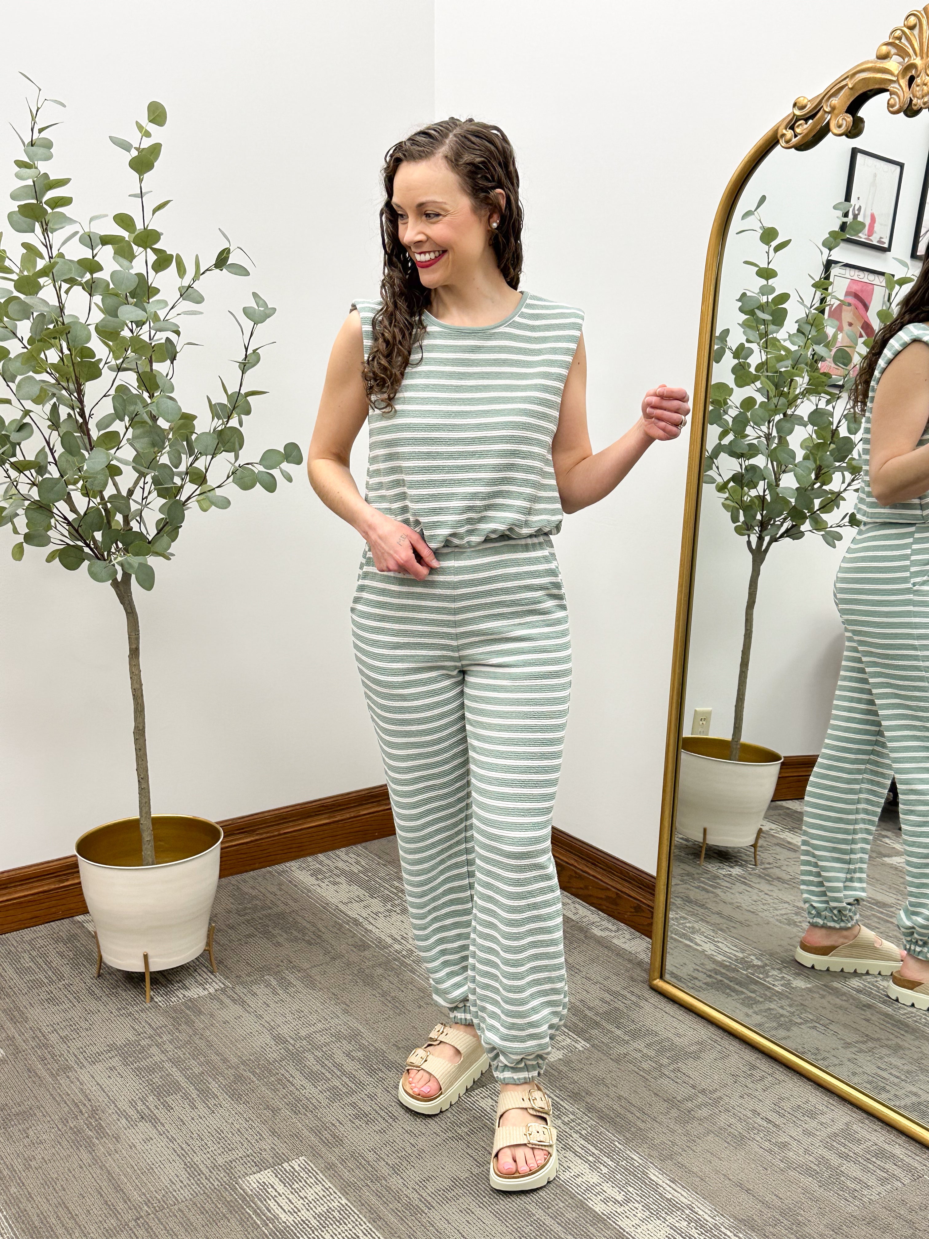Sage Striped Bubble Hem Tank Top