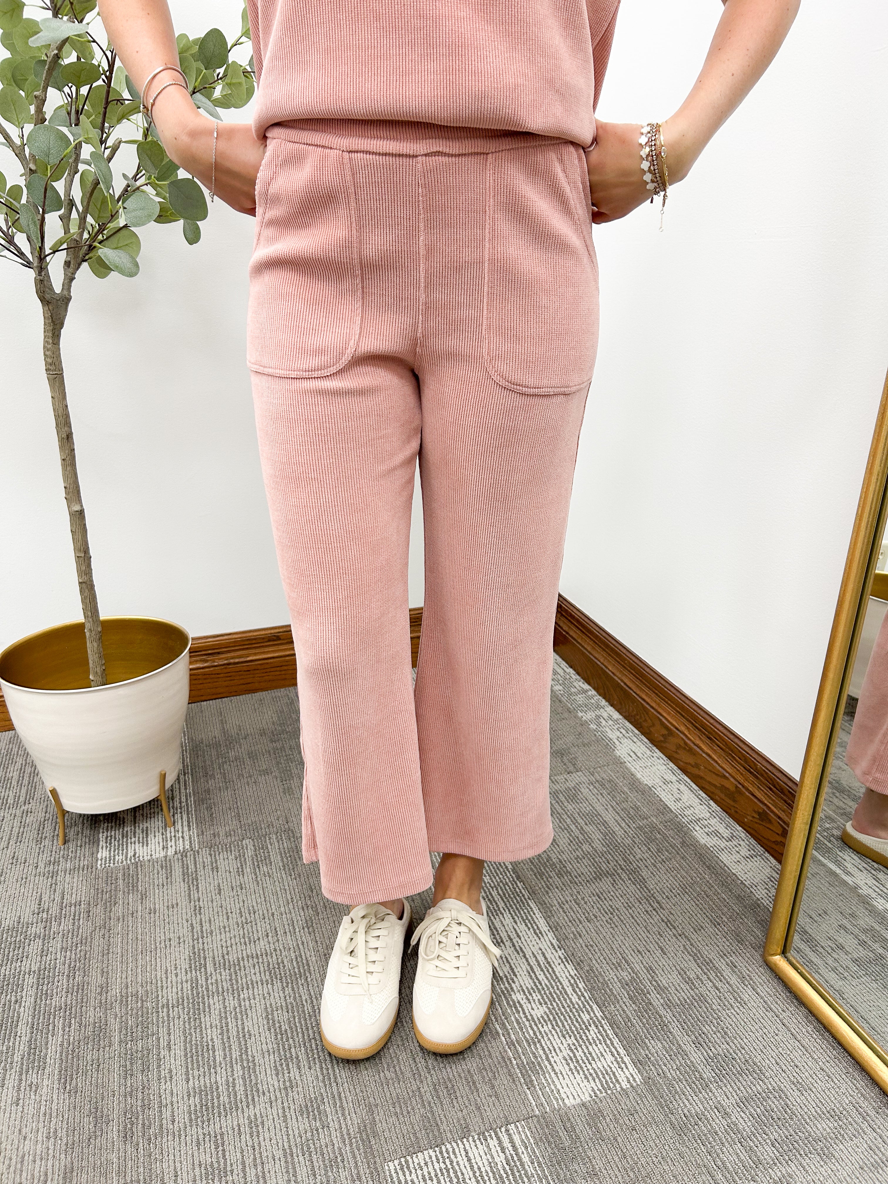 Pink Corduroy Cropped Lounge Pants, travel outfit