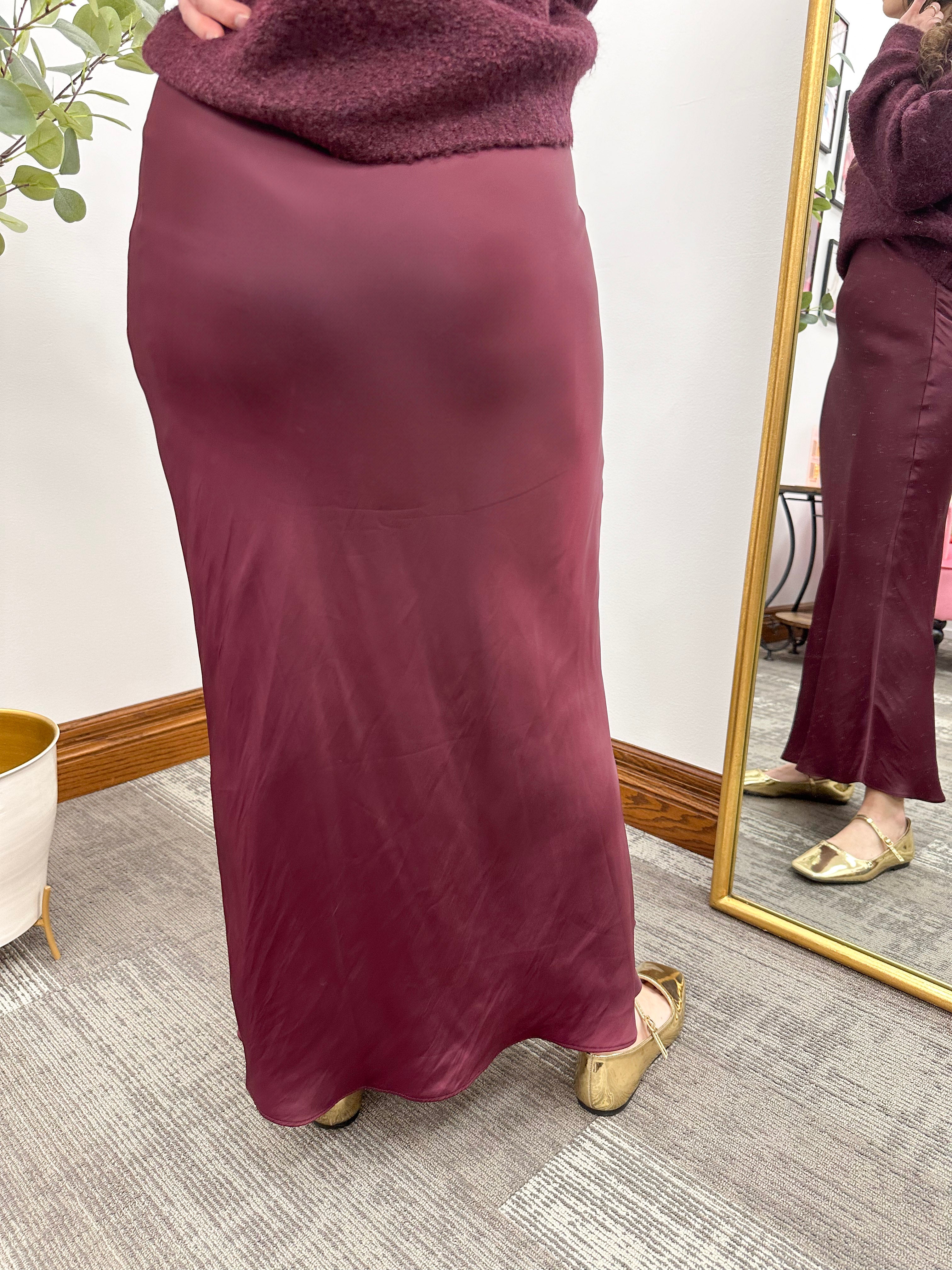 Burgundy Poly Sheen Midi Skirt (Z Supply)