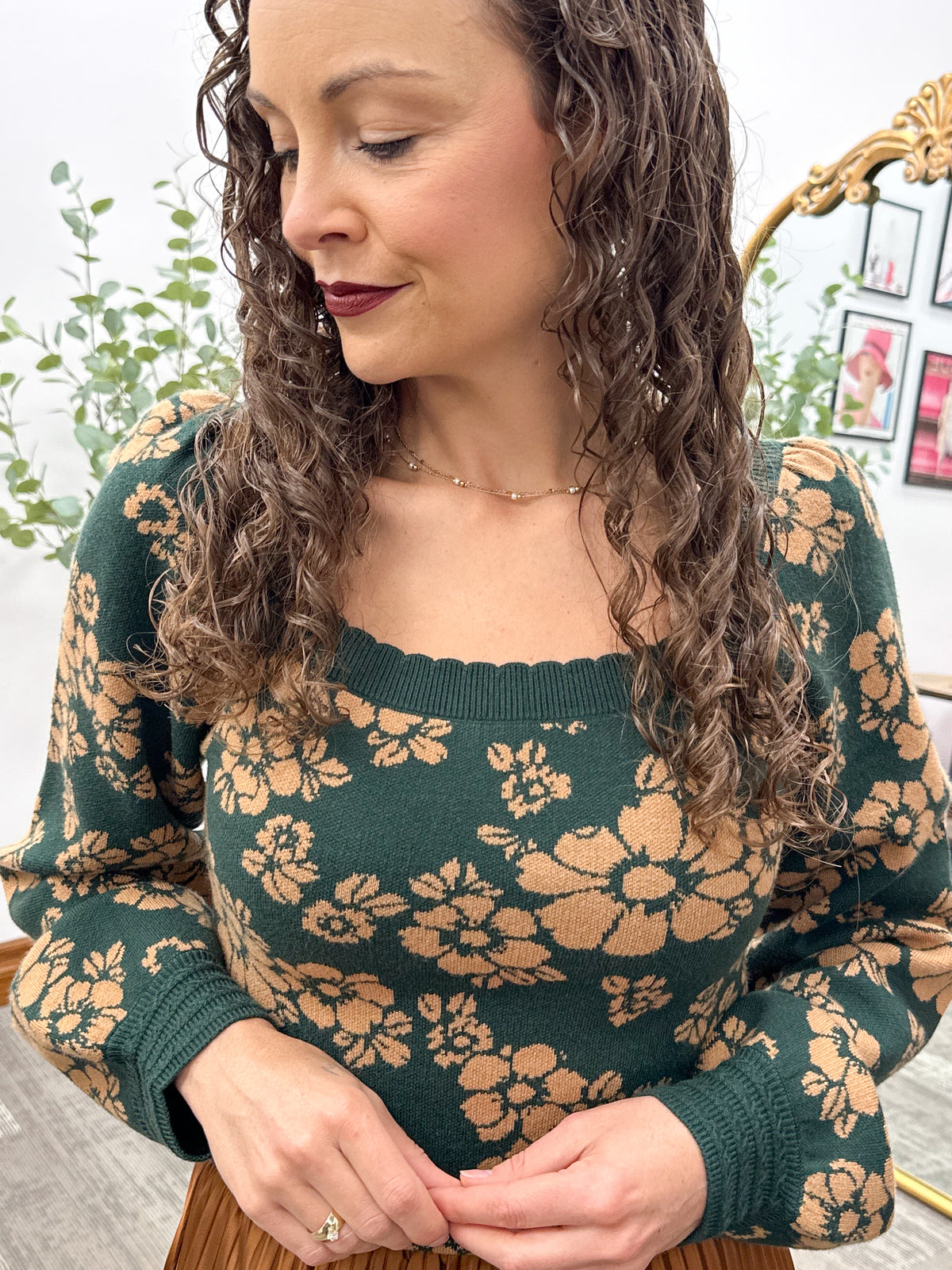 Green & Camel Floral Print Sweater