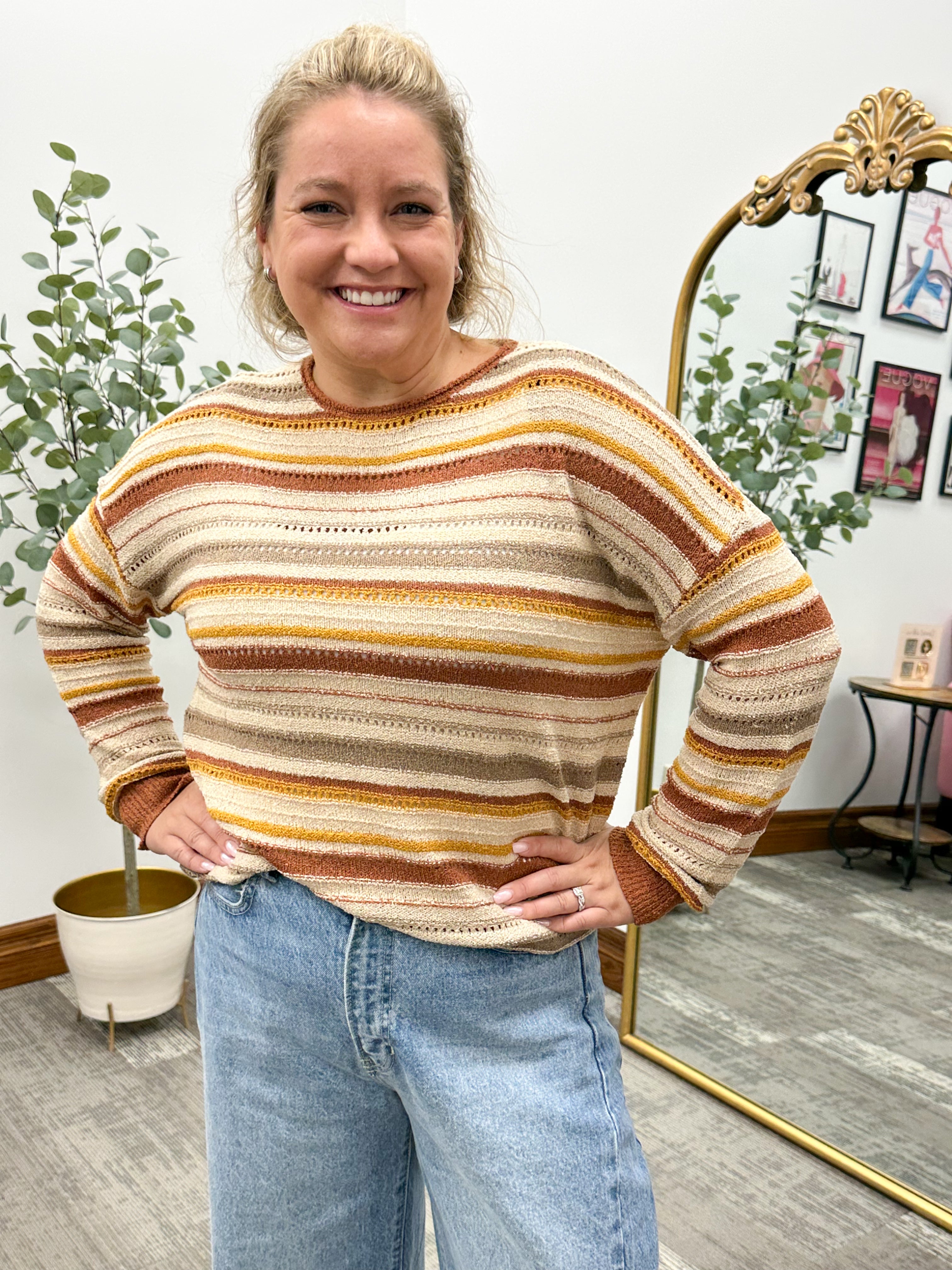 Rust Striped Open Knit Fall Sweater