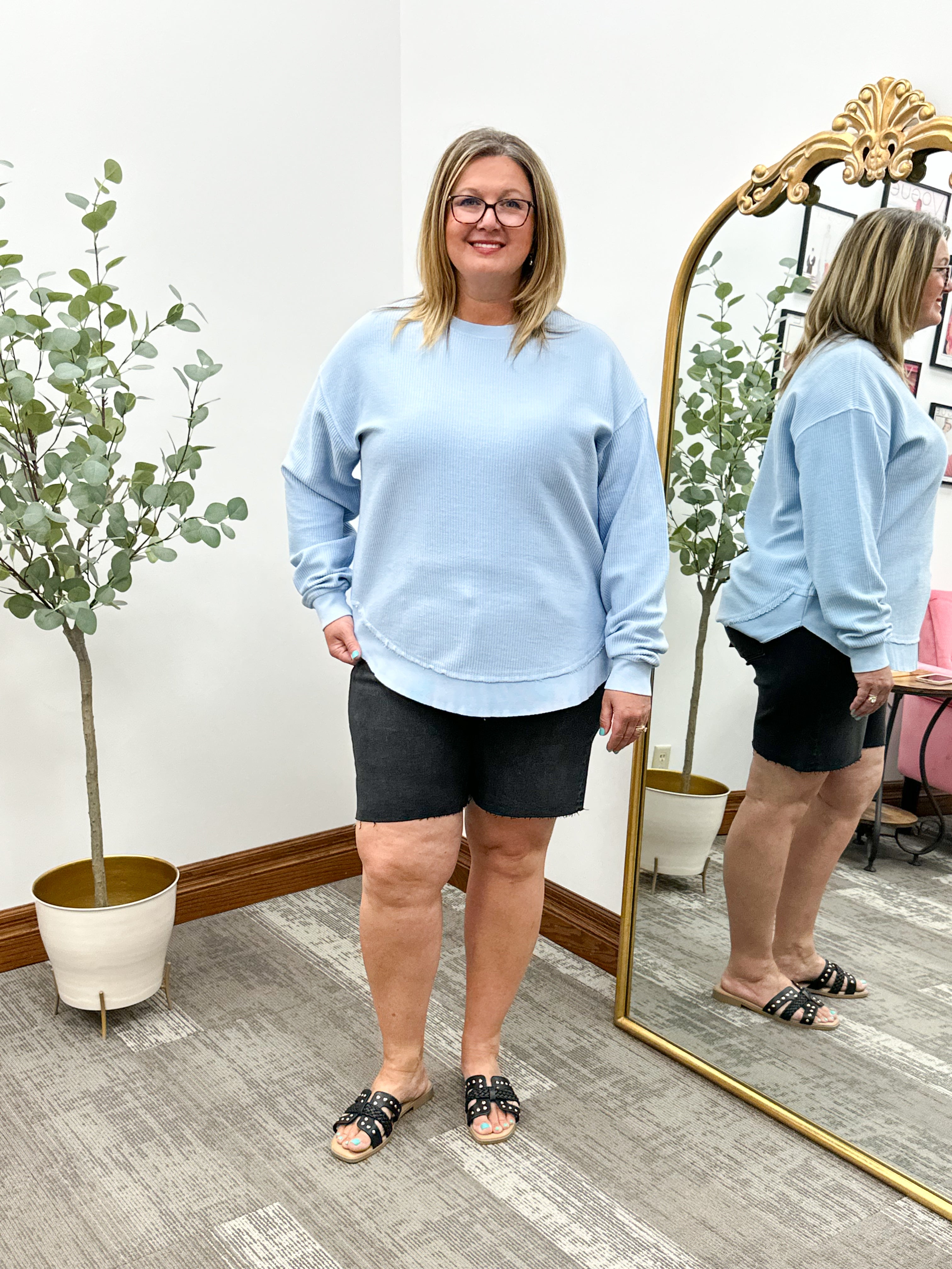 Sky Blue Rounded Hem Corded Crewneck