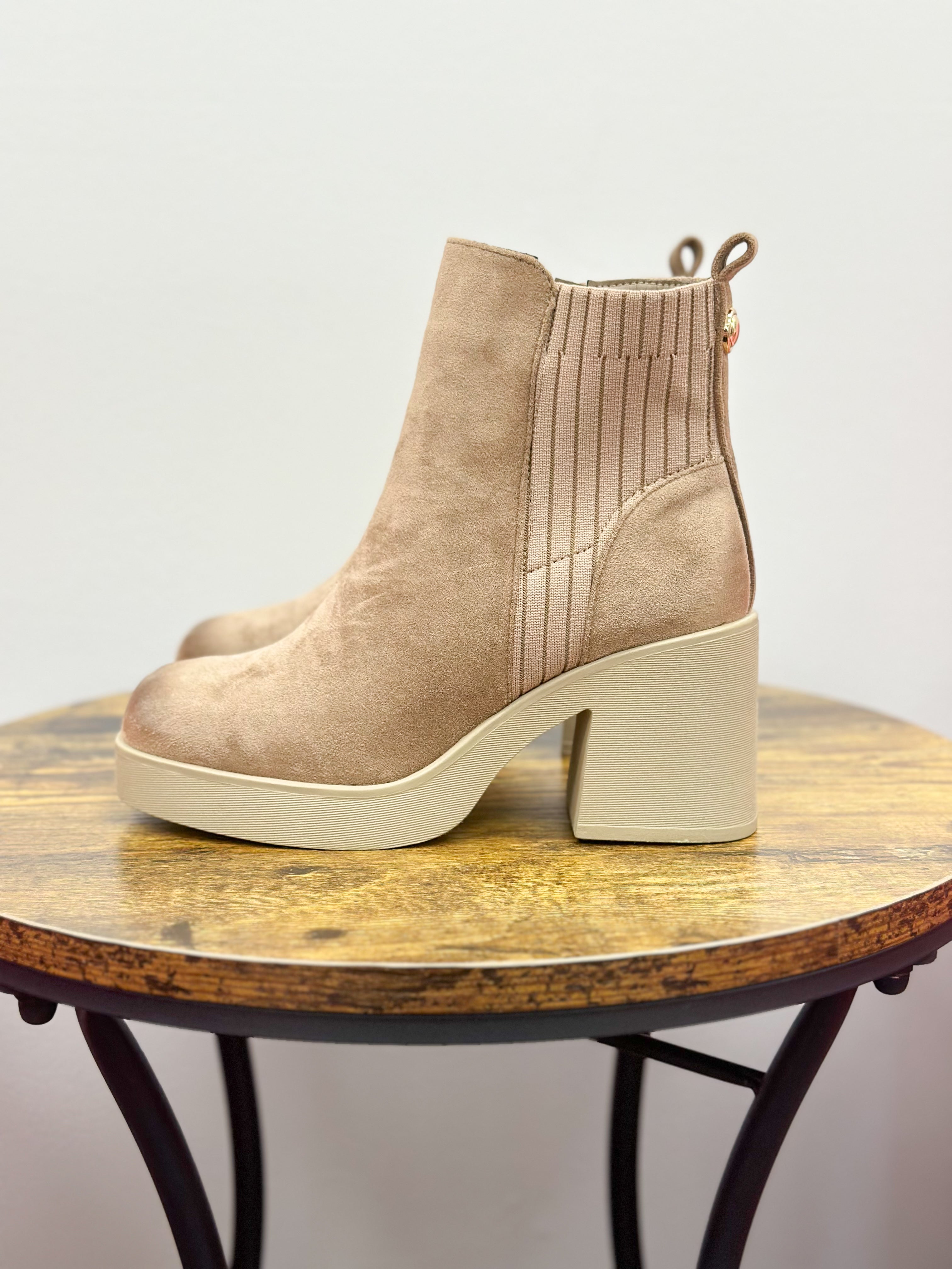 Taupe Chunky Heel Bootie