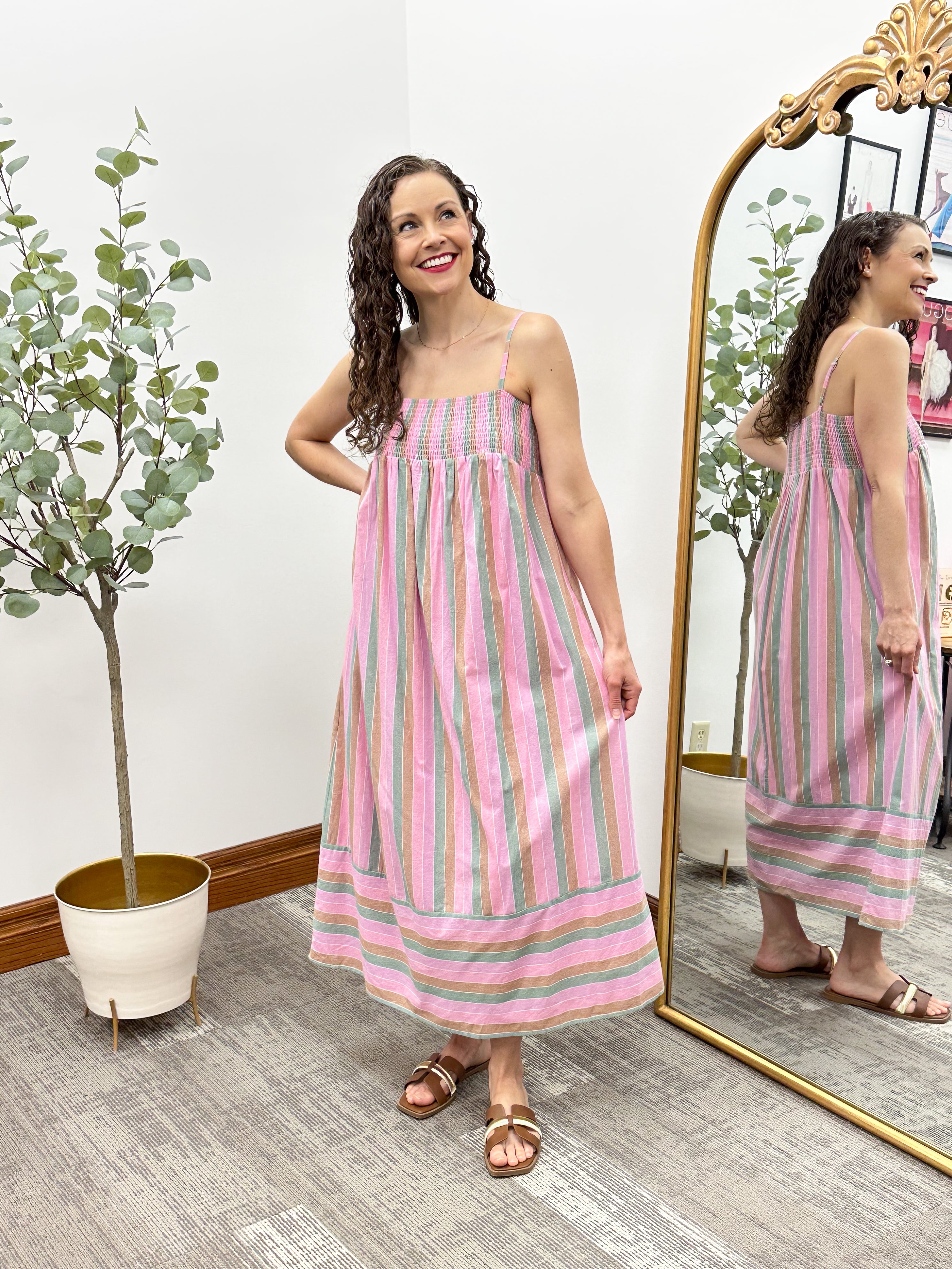 Multicolor Stripe Smocked Midi Dress