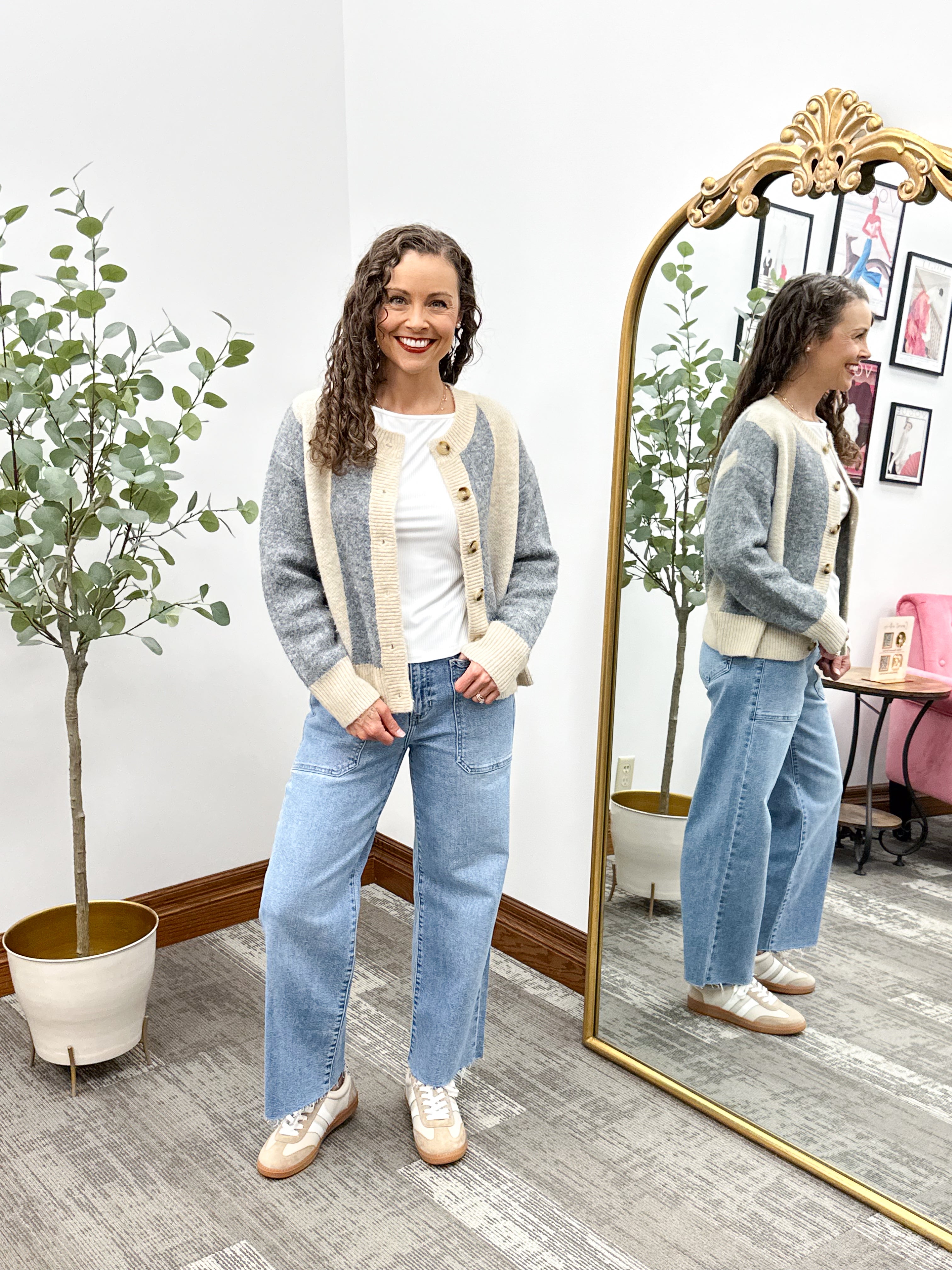 Beige & Gray Vertical Striped Cardigan