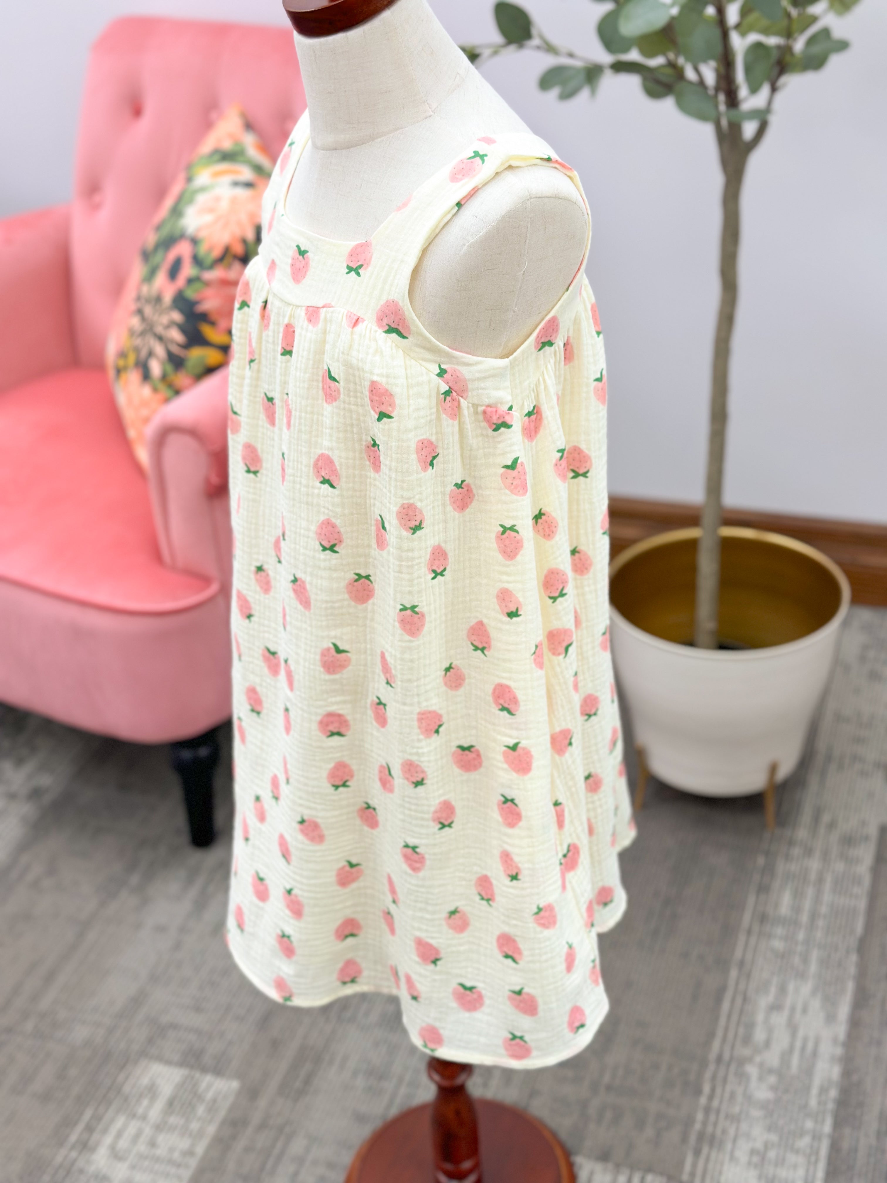 Girls Strawberry Print Muslin Dress