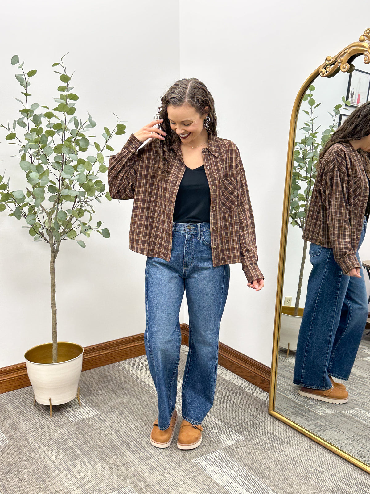 Brown Plaid Cotton Button Up Shirt