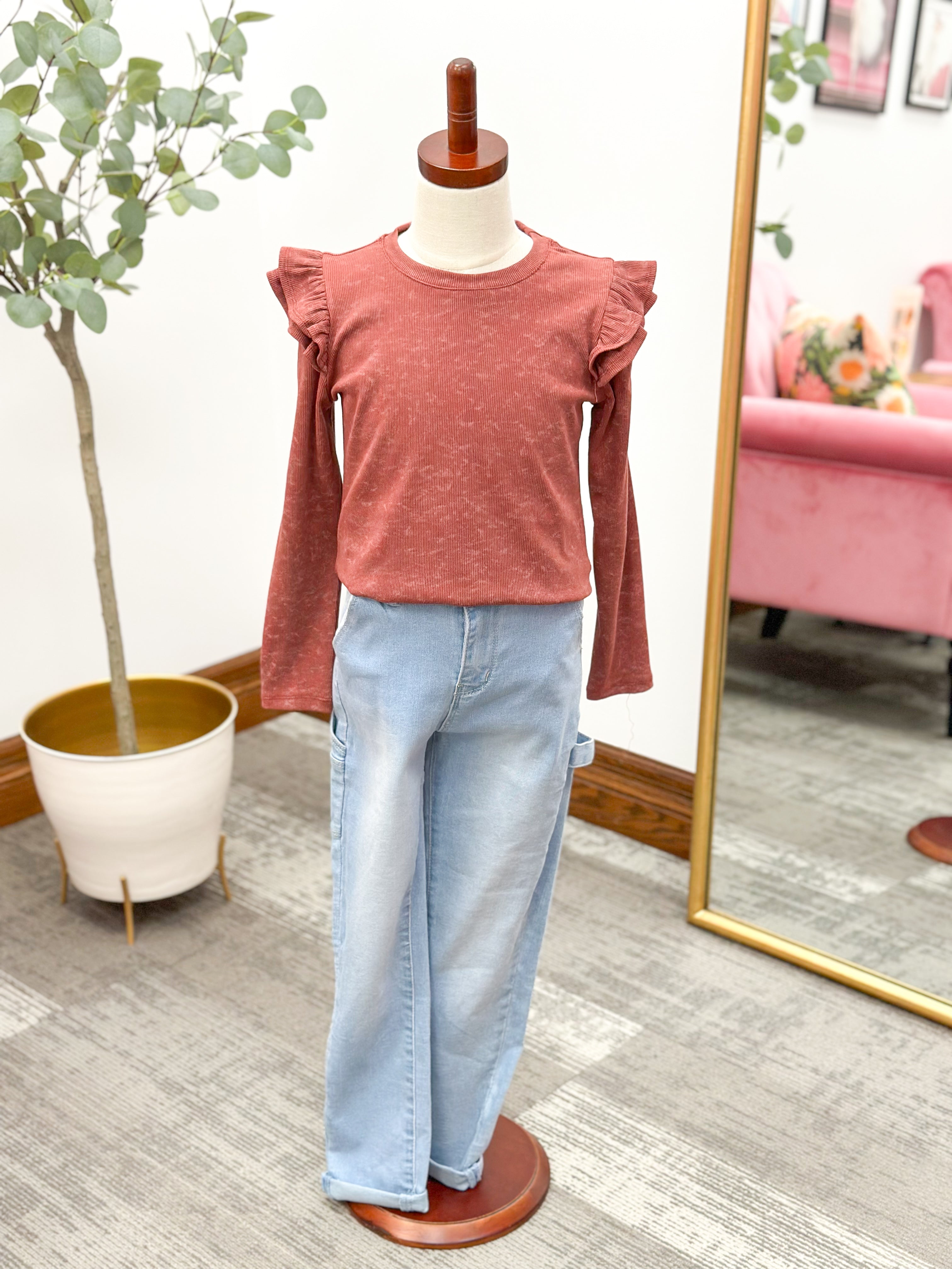 Girls Ruffle Ribbed Knit Top