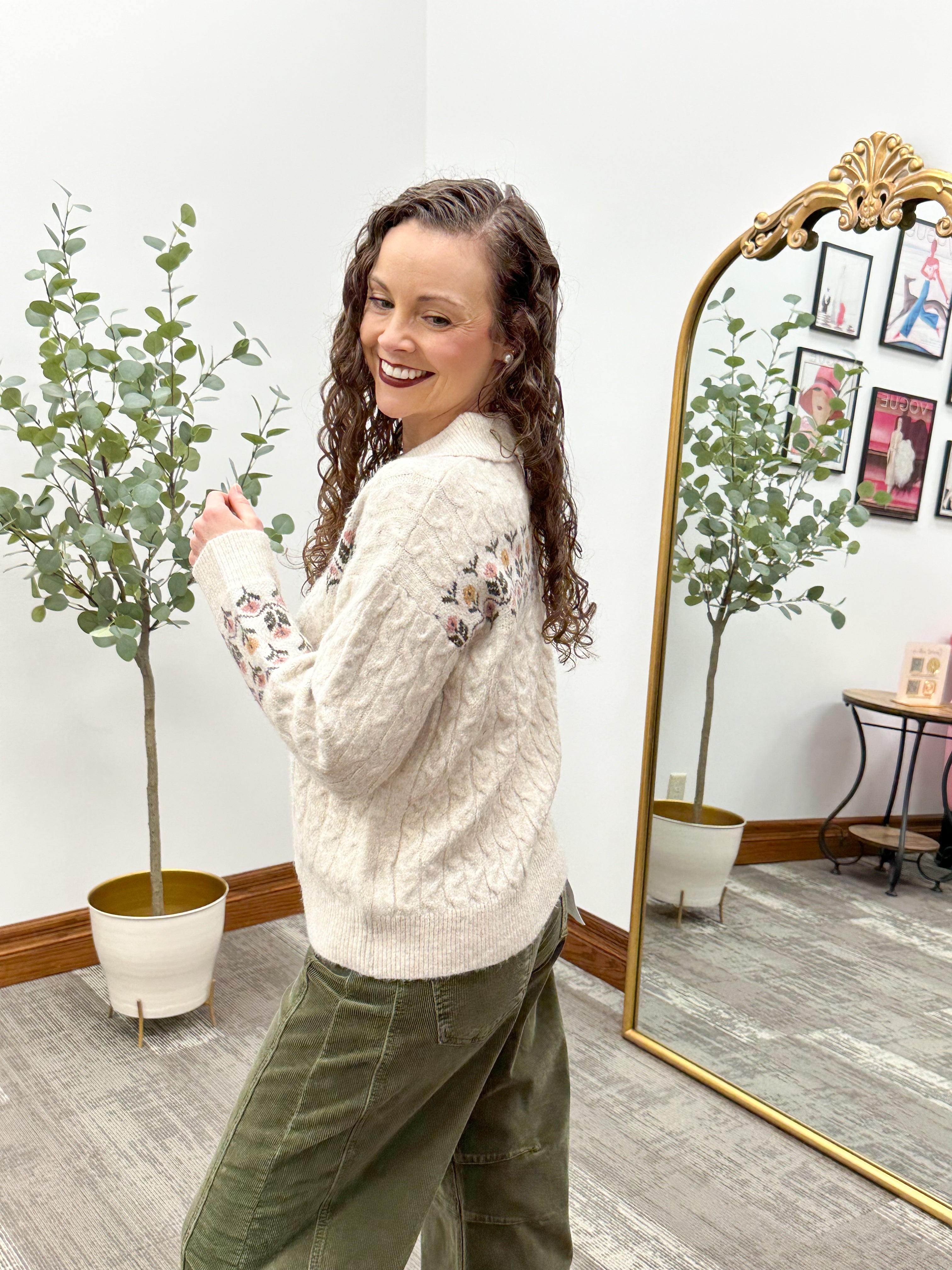 Floral Print Collared Sweater