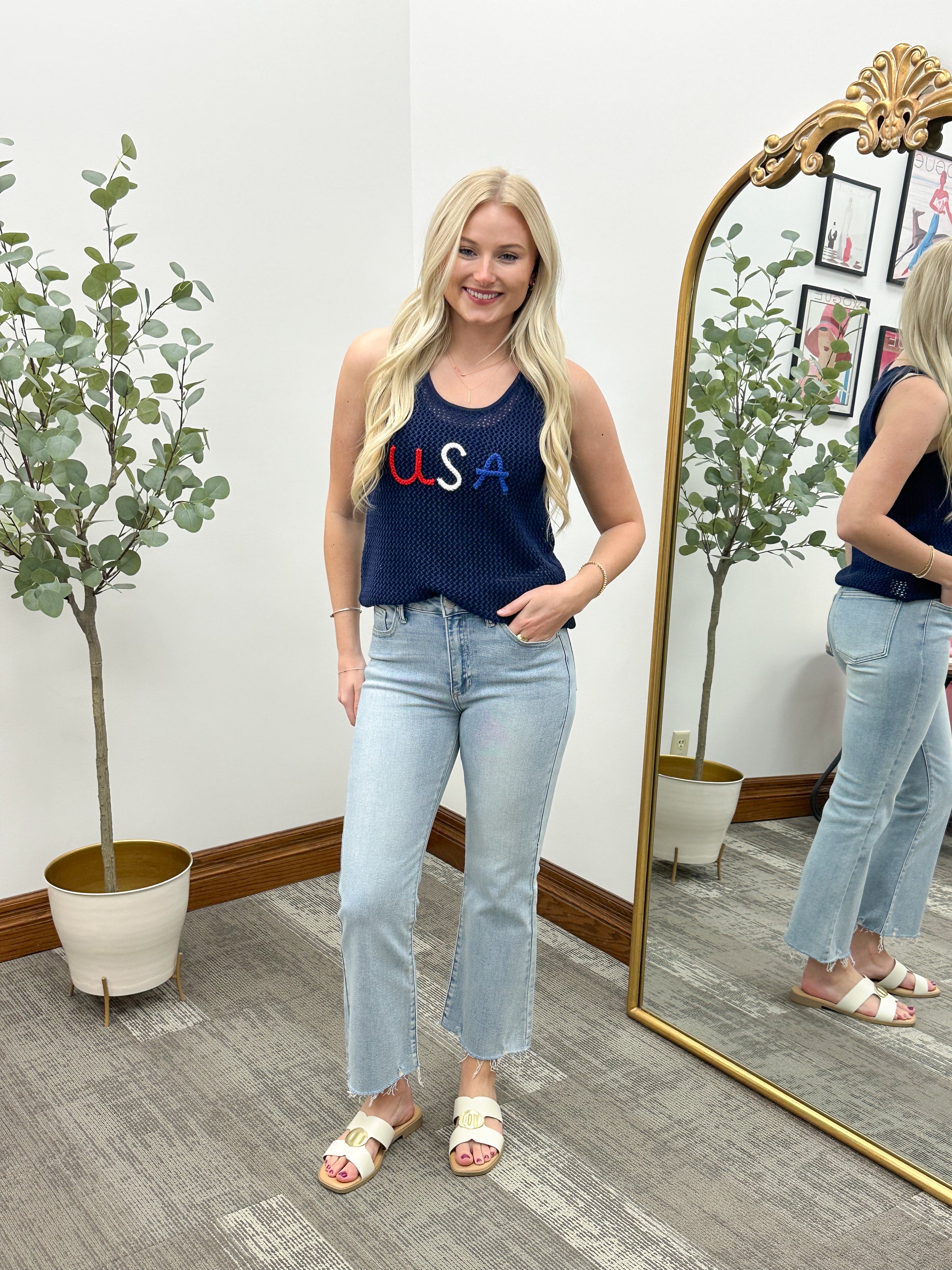 Navy Loose Knit USA Sweater Tank