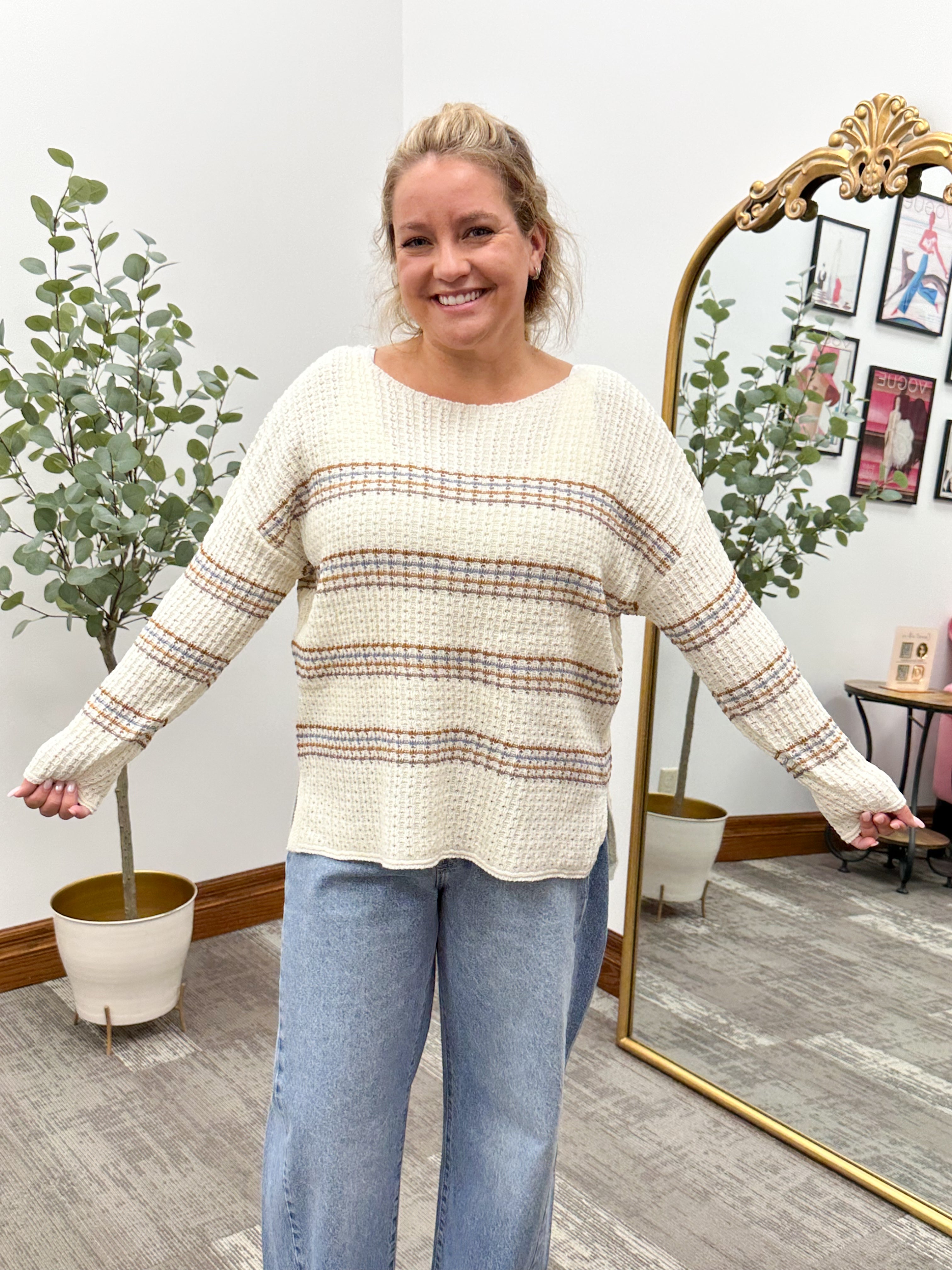 Cream and Multi Striped Chunky Knit Lightweight Sweater