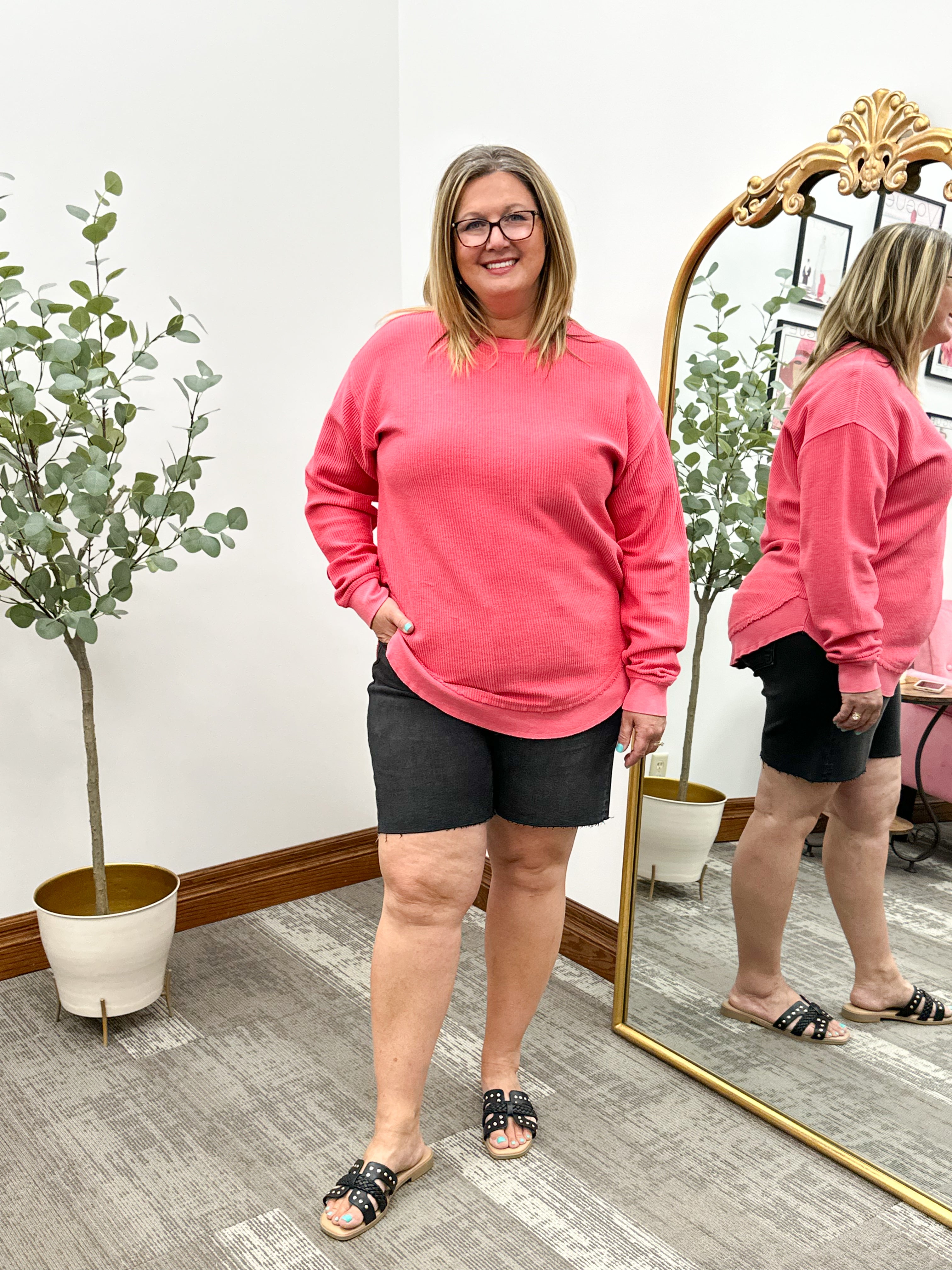 Berry Rounded Hem Corded Crewneck