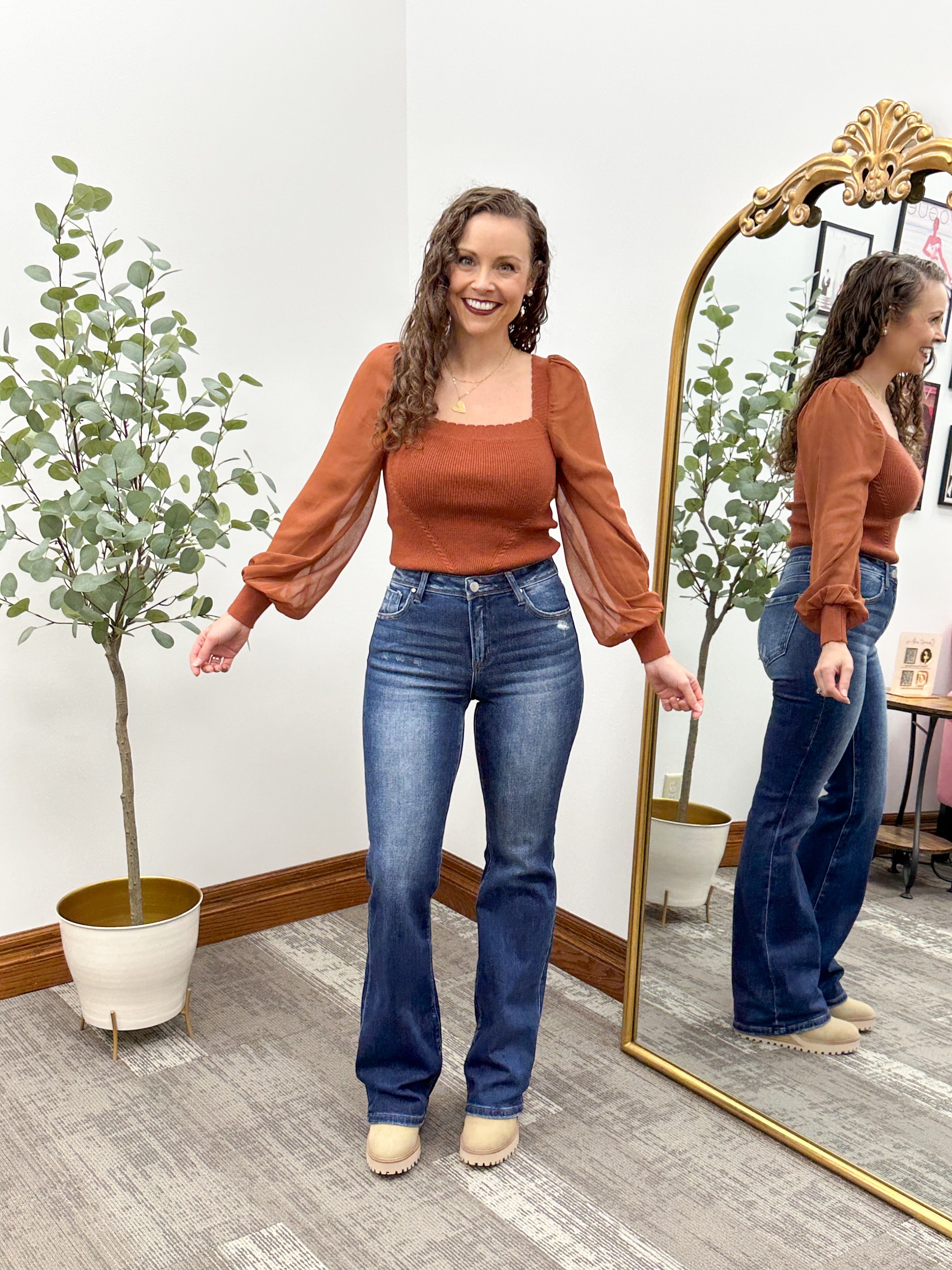Rust Chiffon Sleeve Sweater Top
