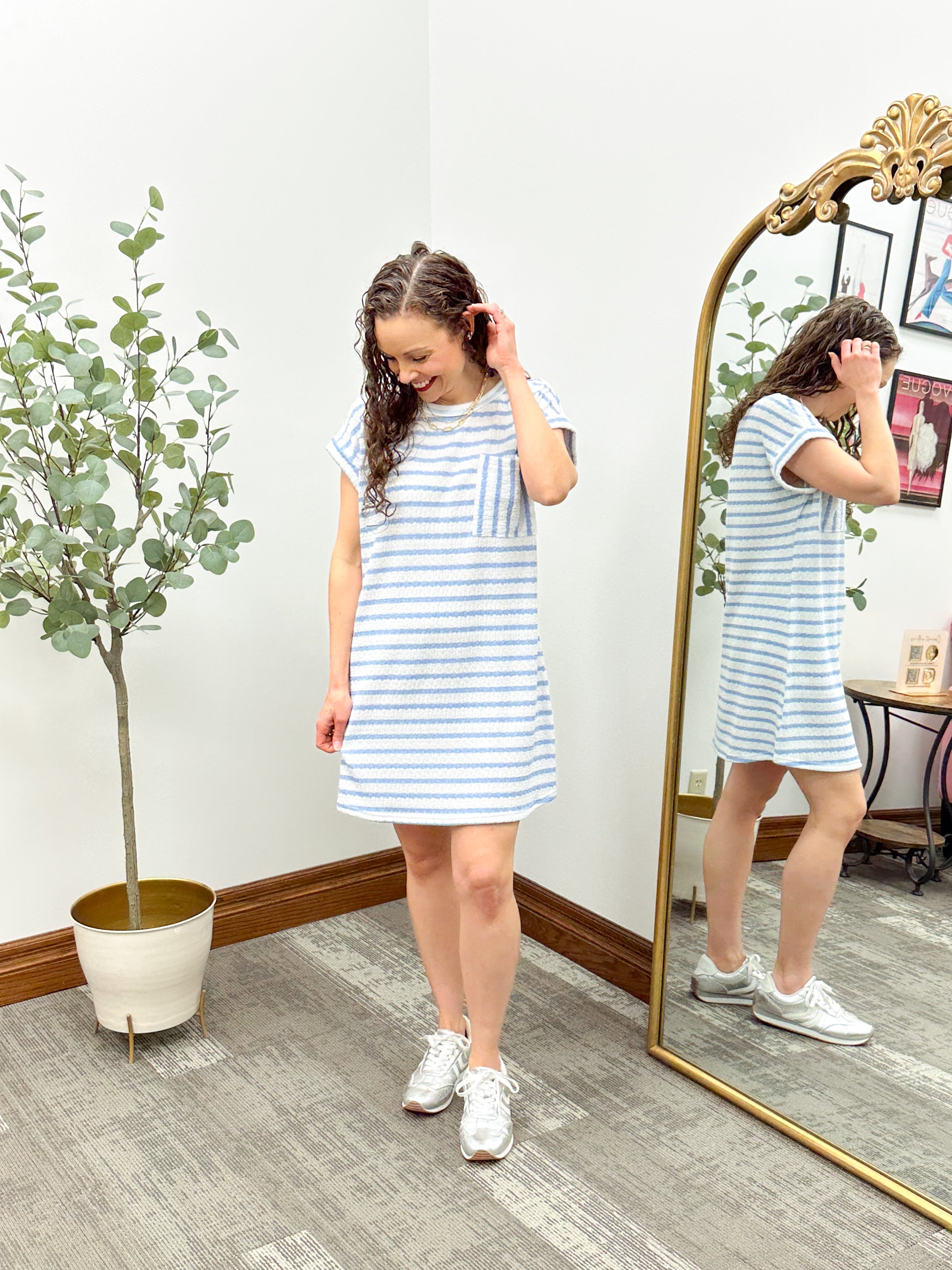 Textured Striped Short Sleeve T-Shirt Dress