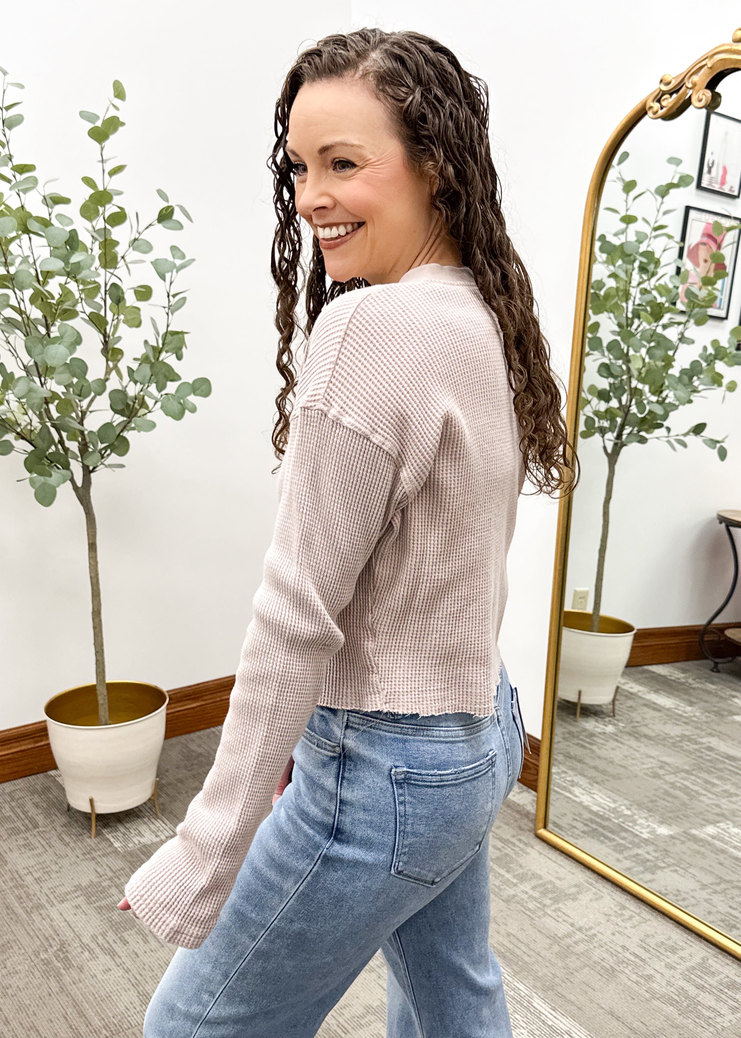 Cropped Waffle Knit Button Up Top