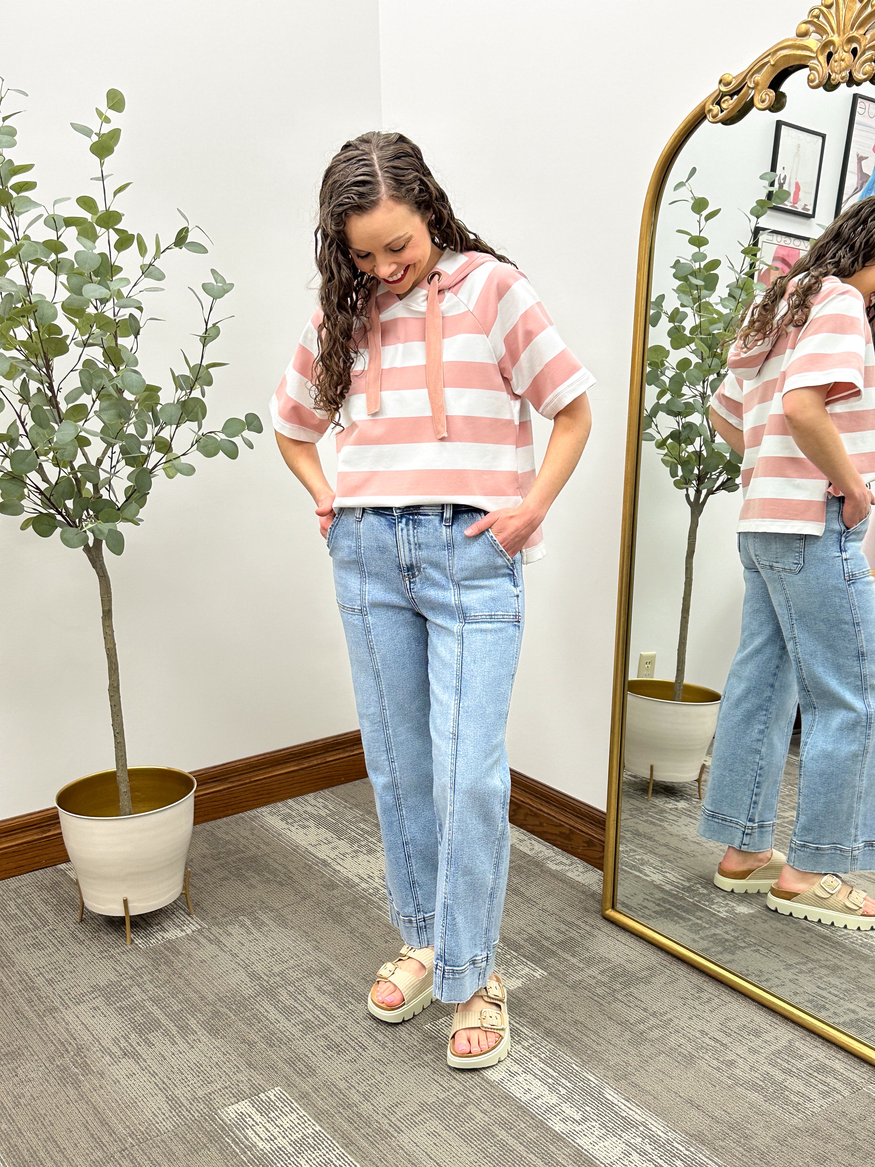 Striped Short Sleeve Hooded Pullover