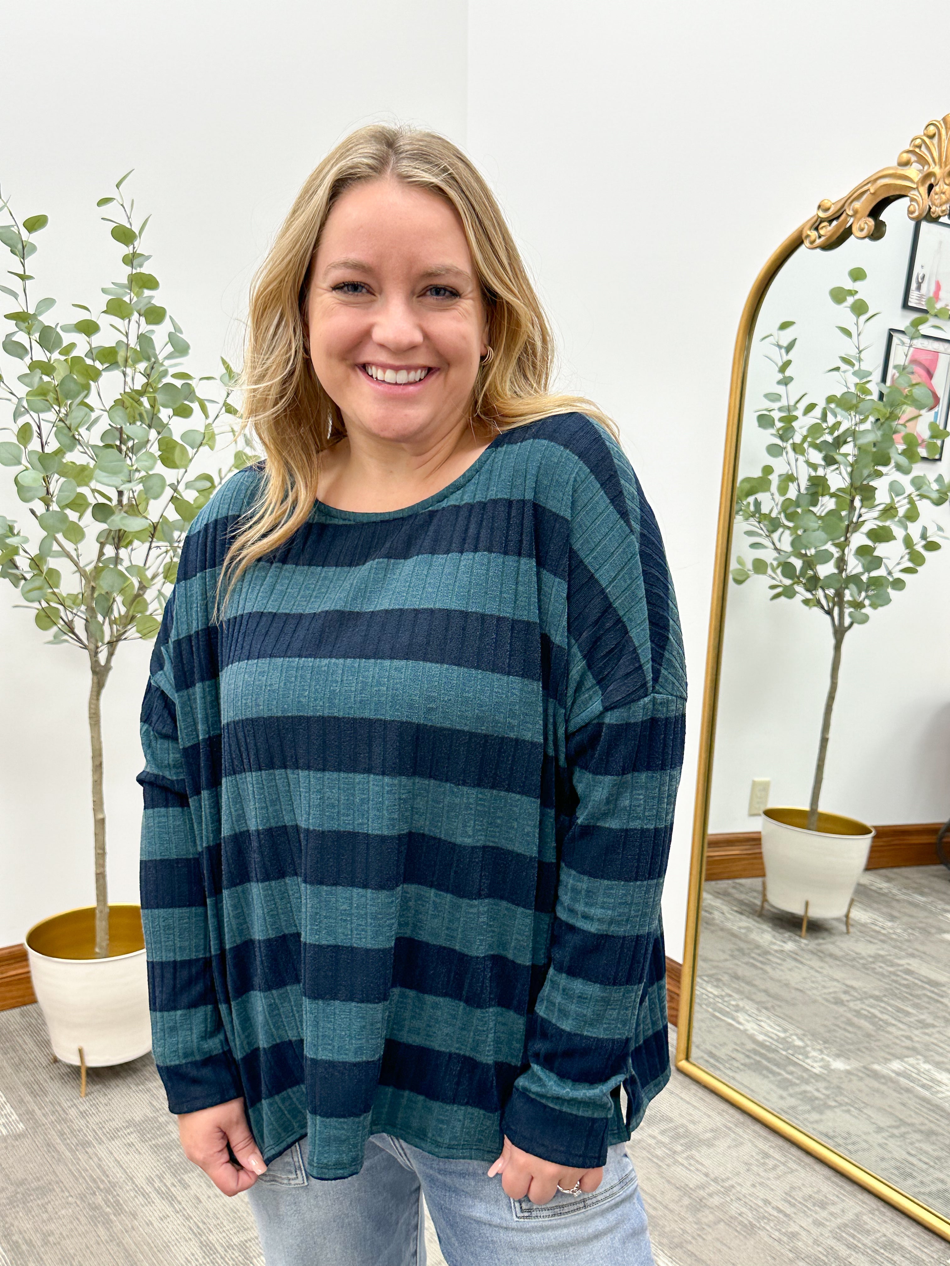 Navy + Green Striped Top