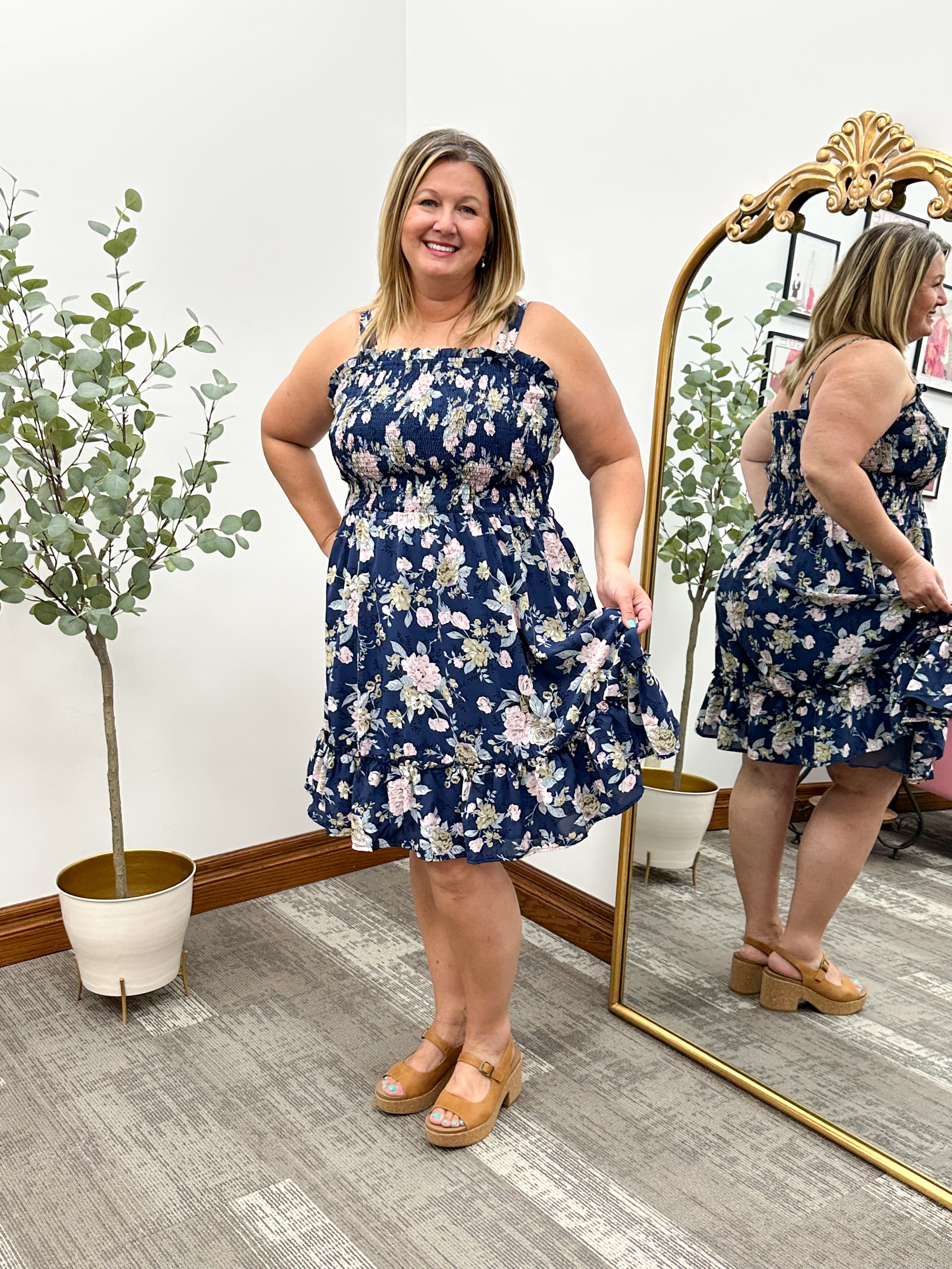 Navy Floral Smocked Dress