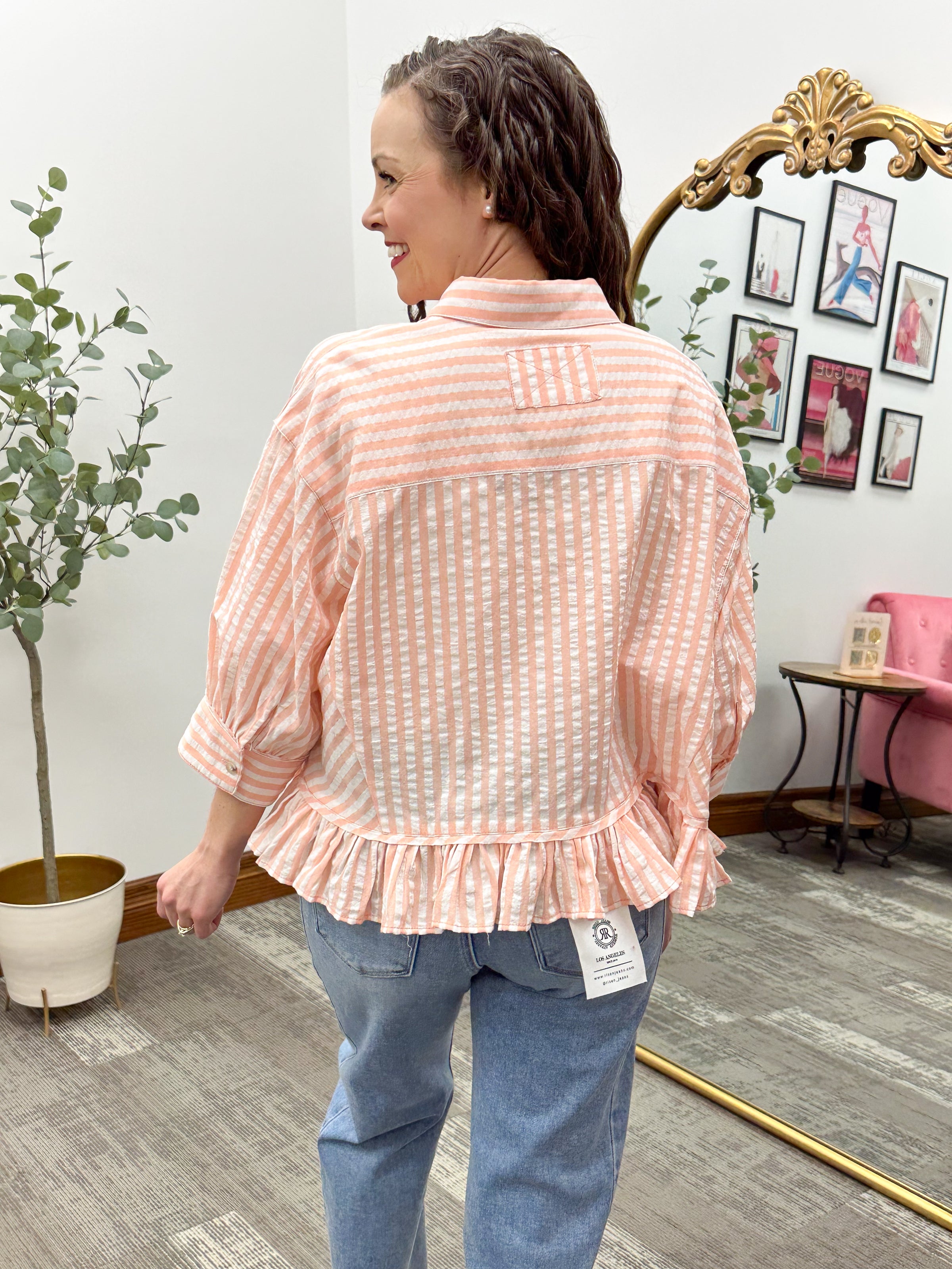 Peach Striped Ruffle Hem Top