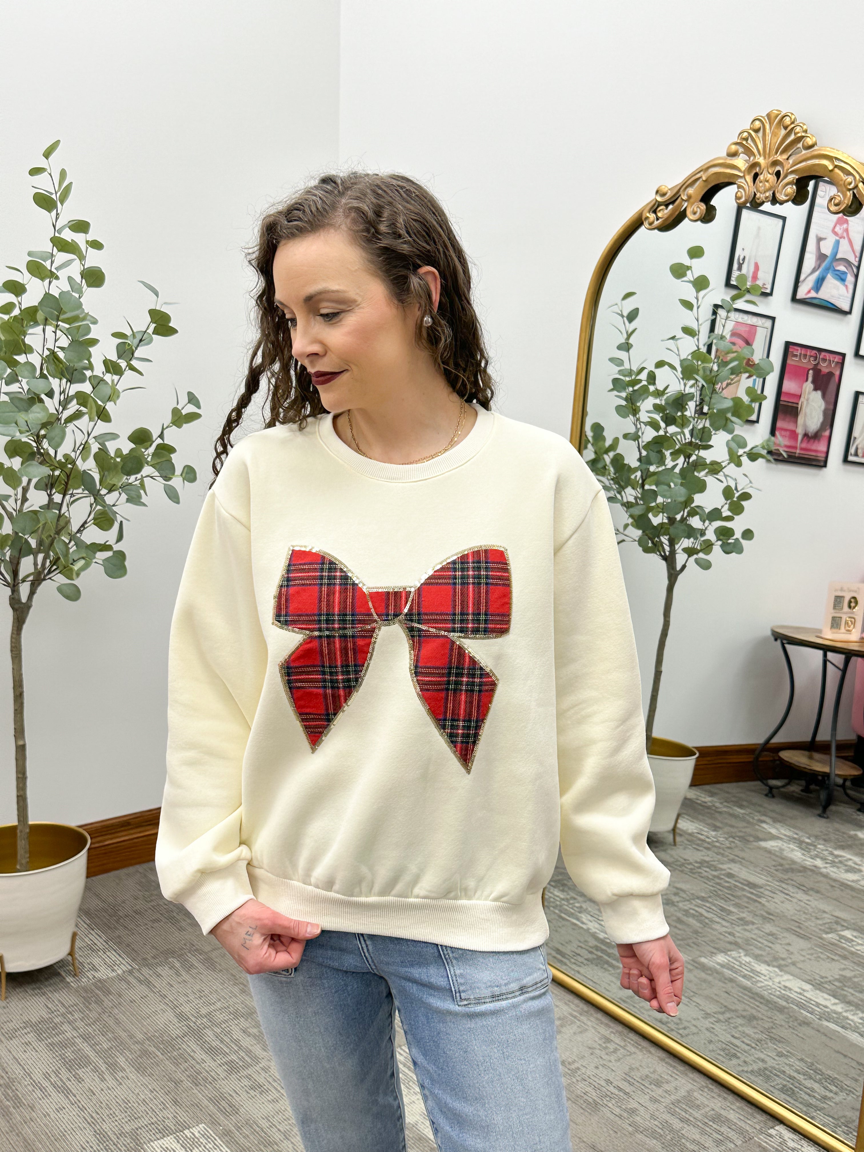 Red Plaid Flannel Bow Sweatshirt