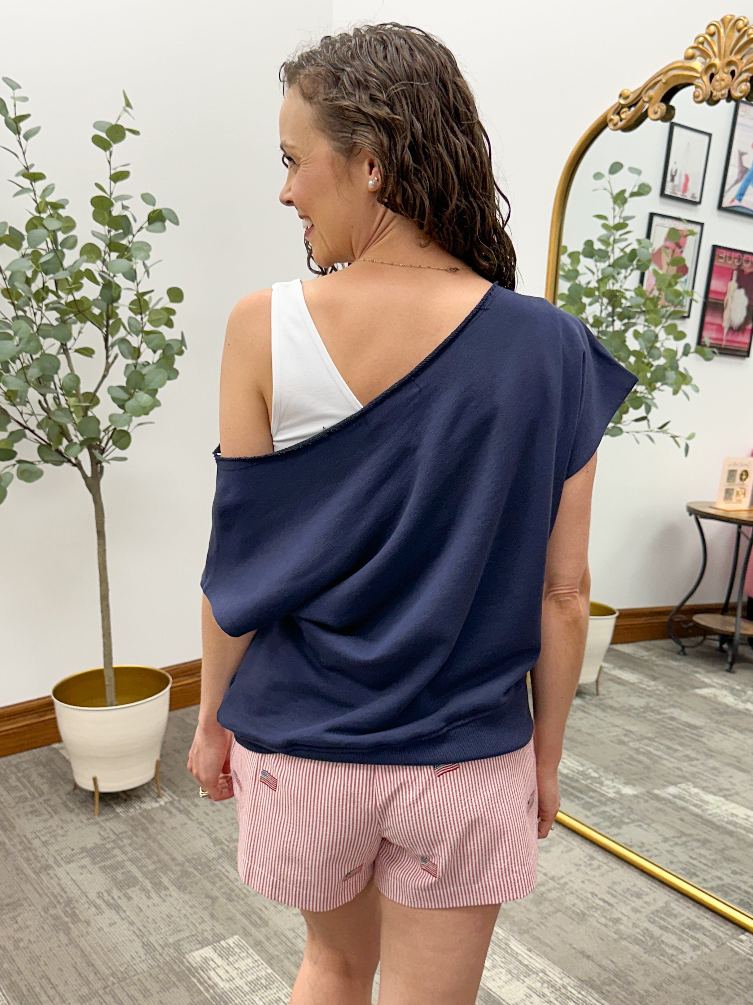 Navy French Terry Off The Shoulder Top