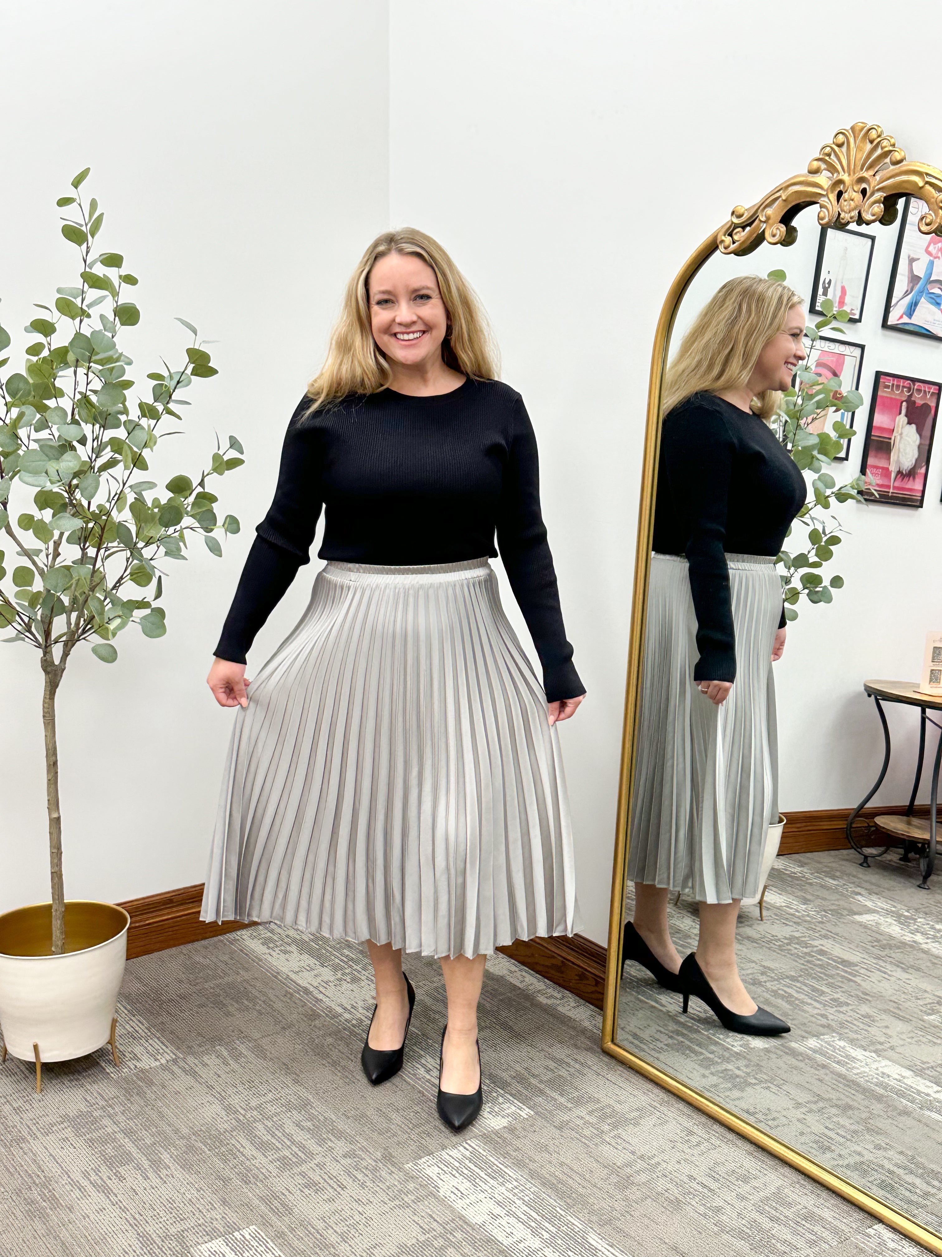 Alli Silver Pleated Midi Skirt