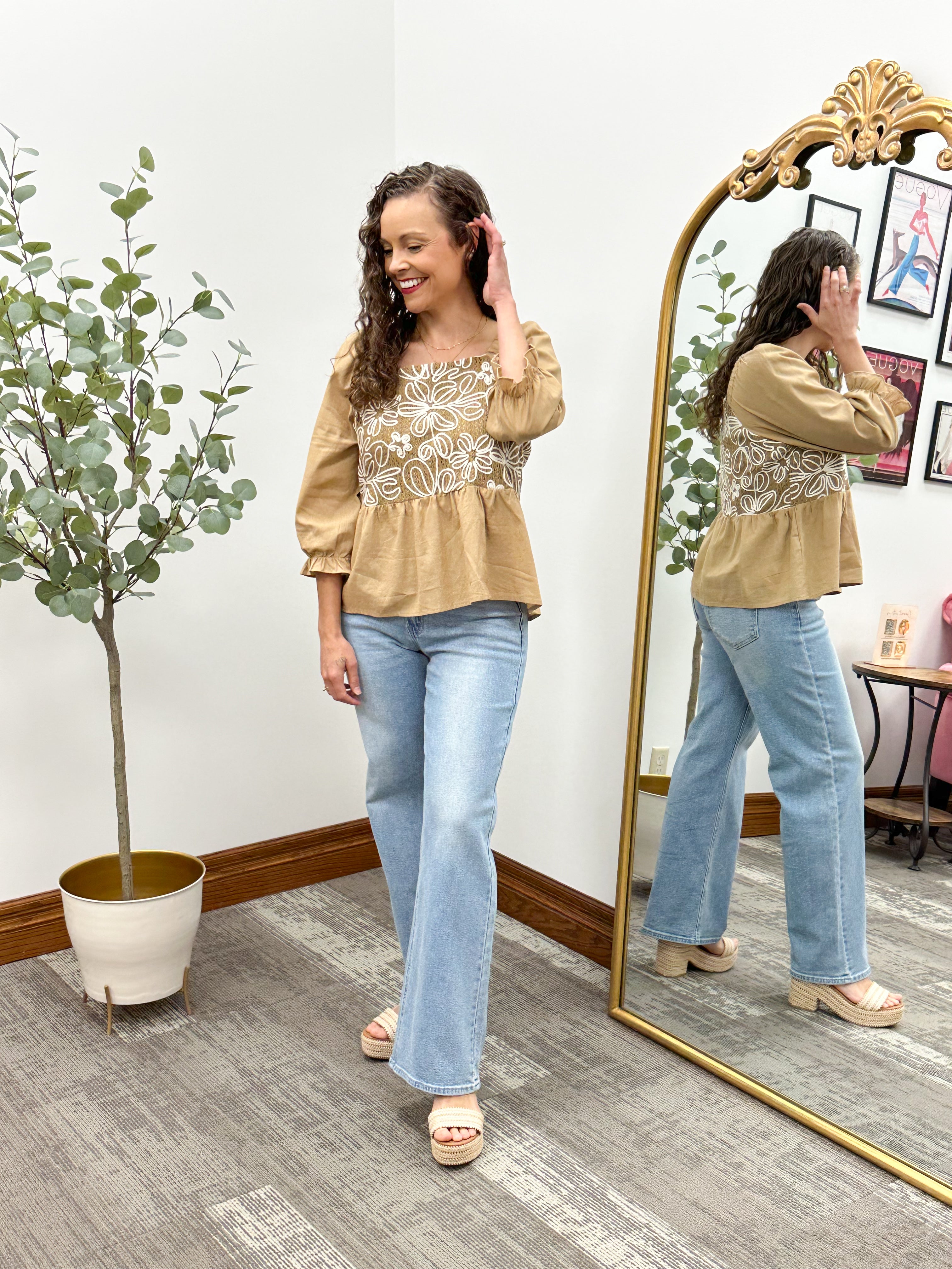 Floral Embroidered Mixed Media Peplum Top