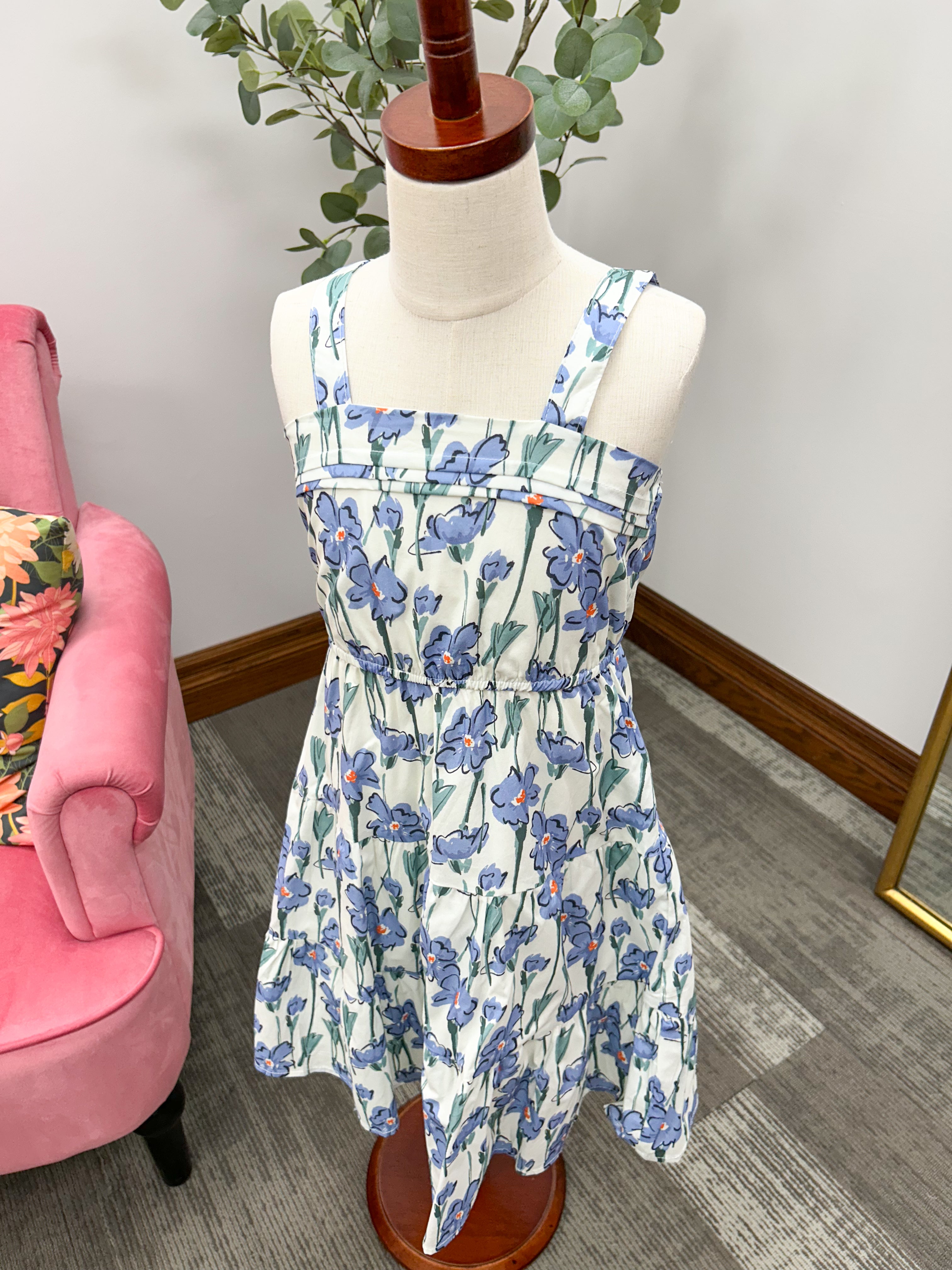 Girls Blue Floral Poplin Dress