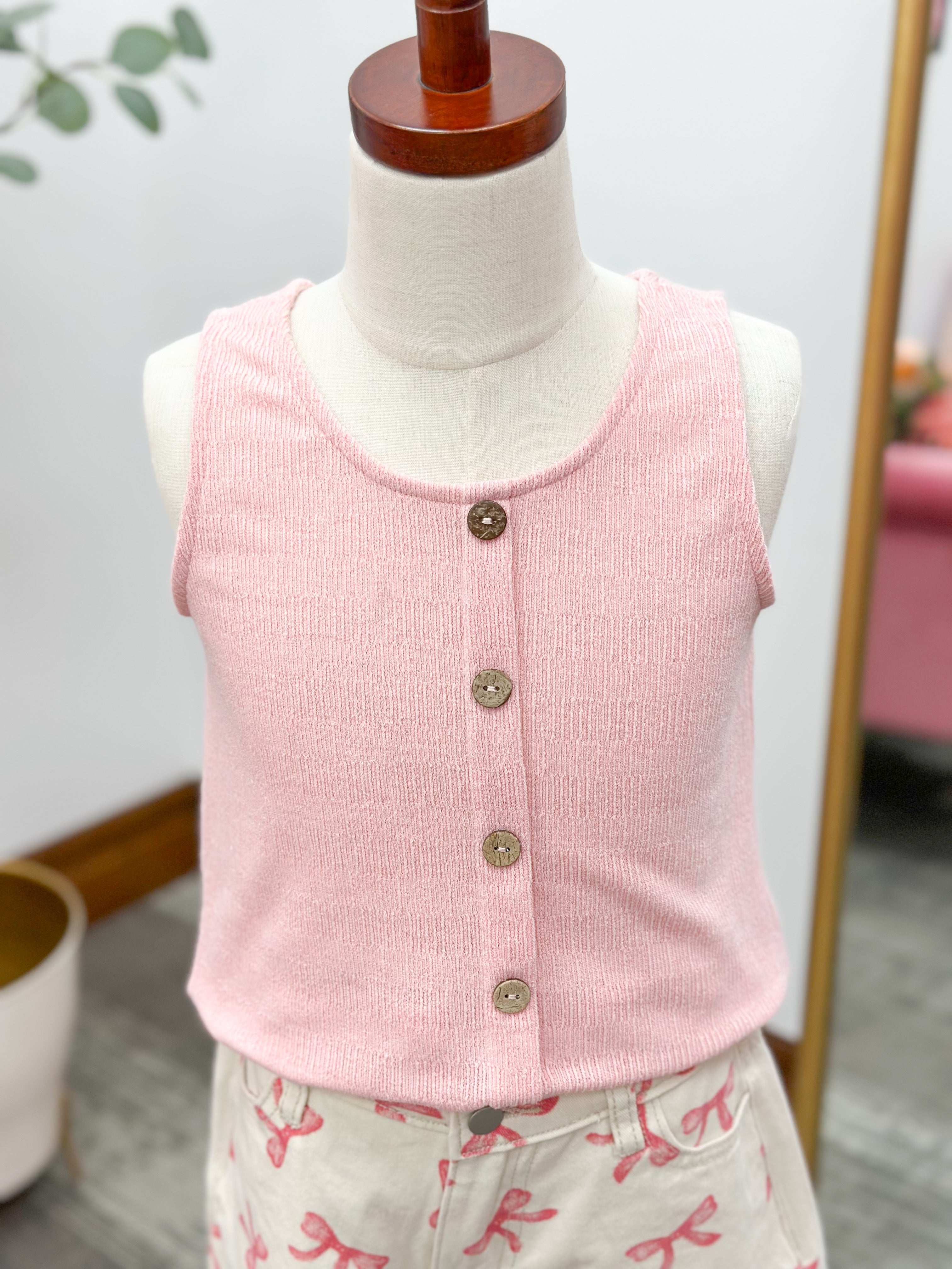 Girls Pink Button Tank Top