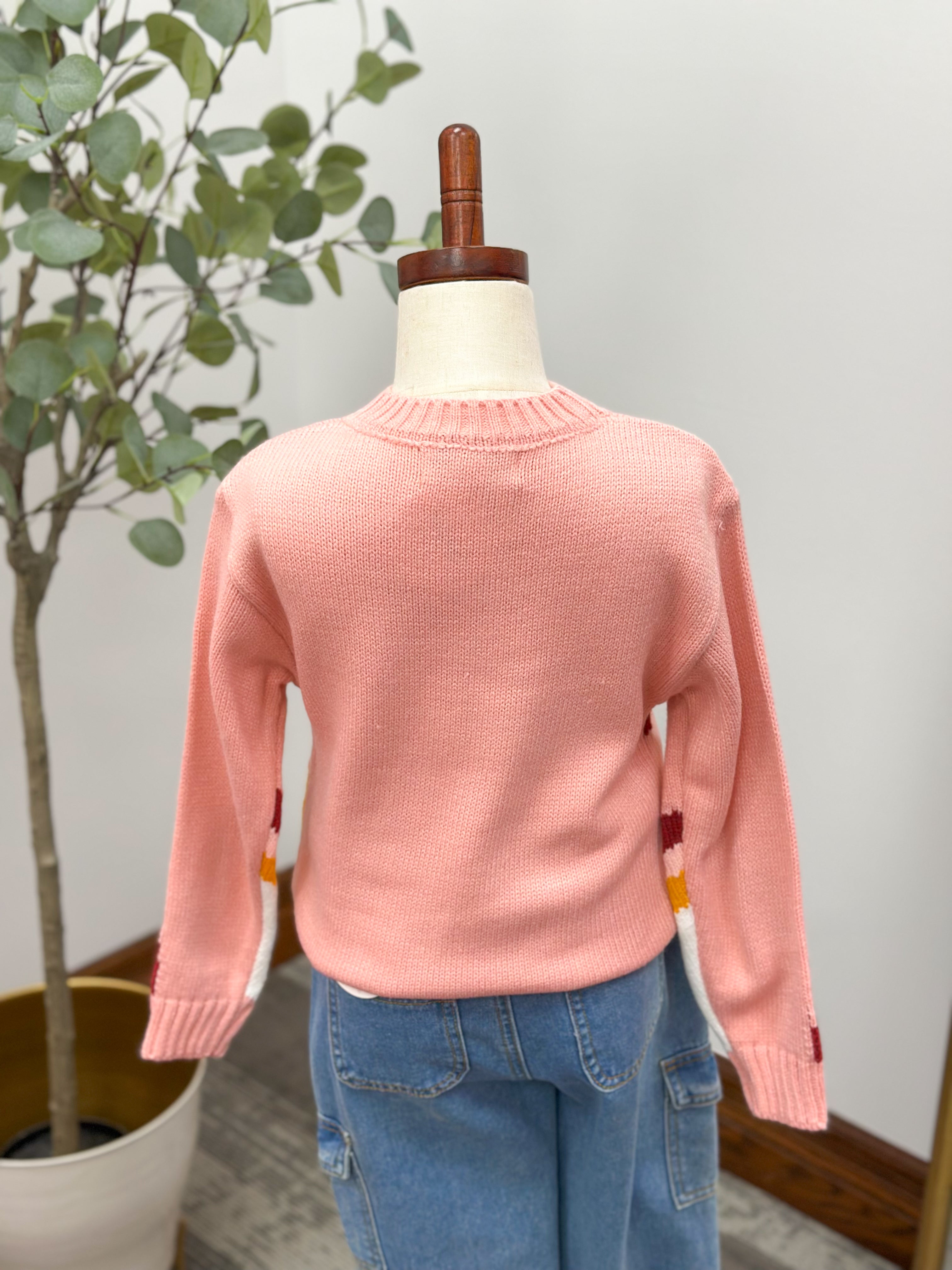 Girls Pink Multi Colored Striped Sweater