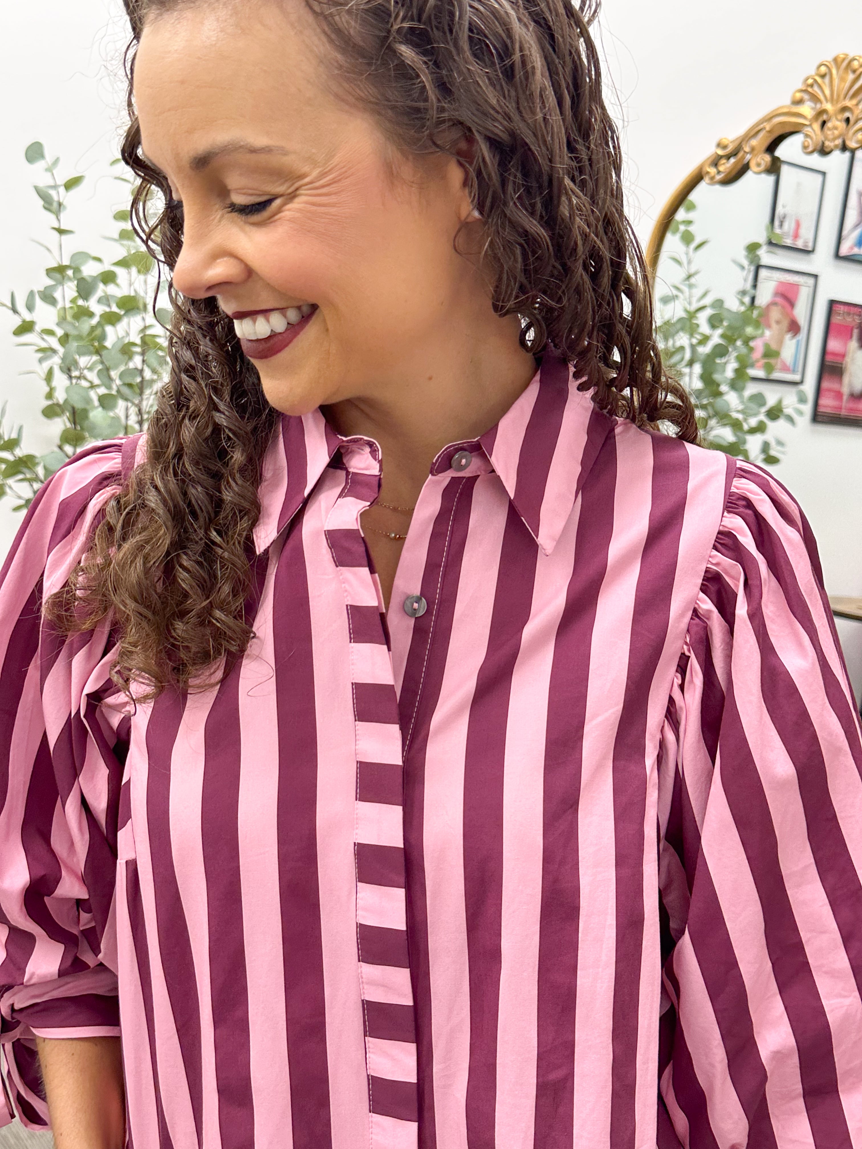 Tie Sleeve Striped Button Up Blouse