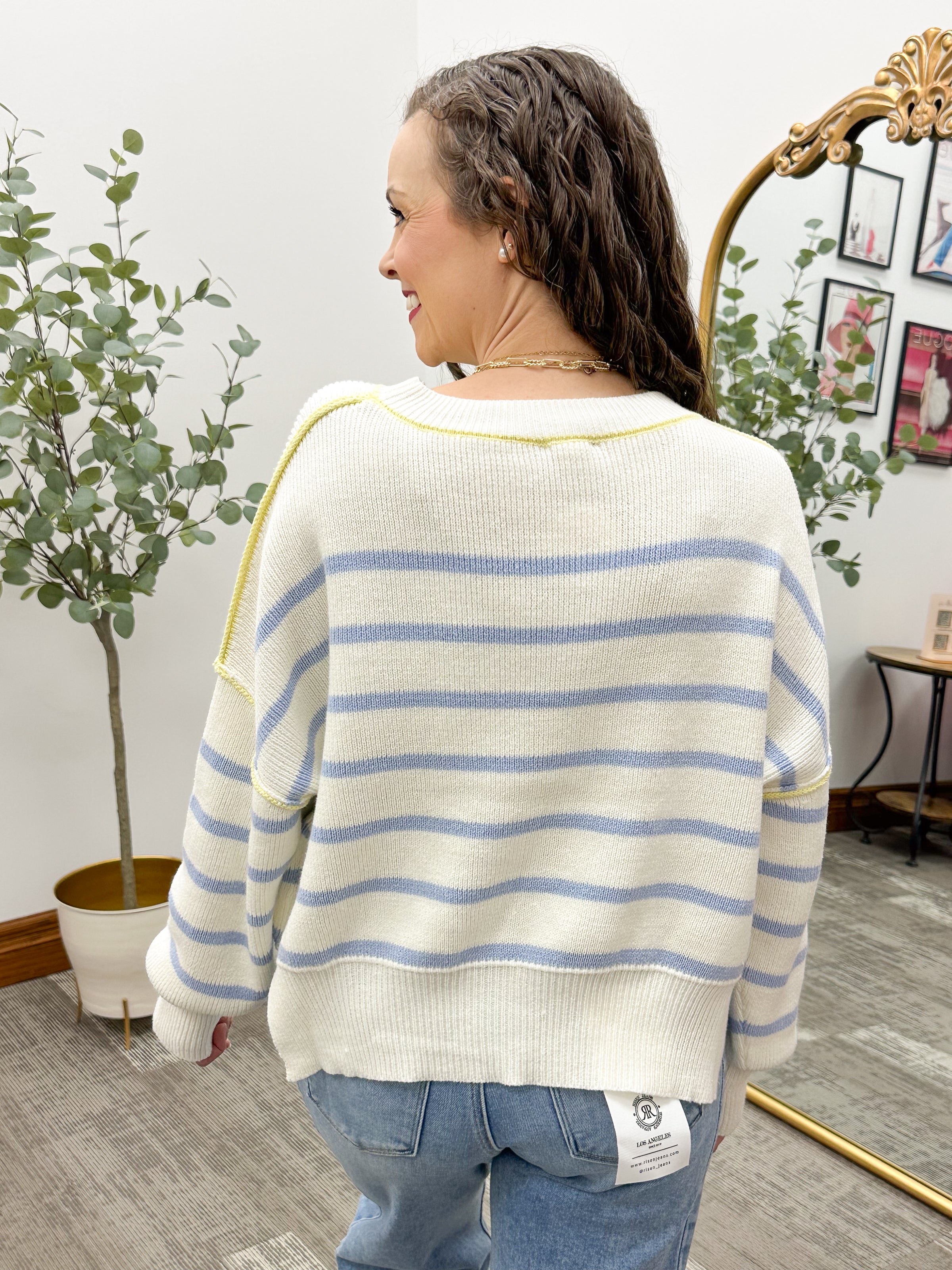 Blue Striped Drop Shoulder Sweater