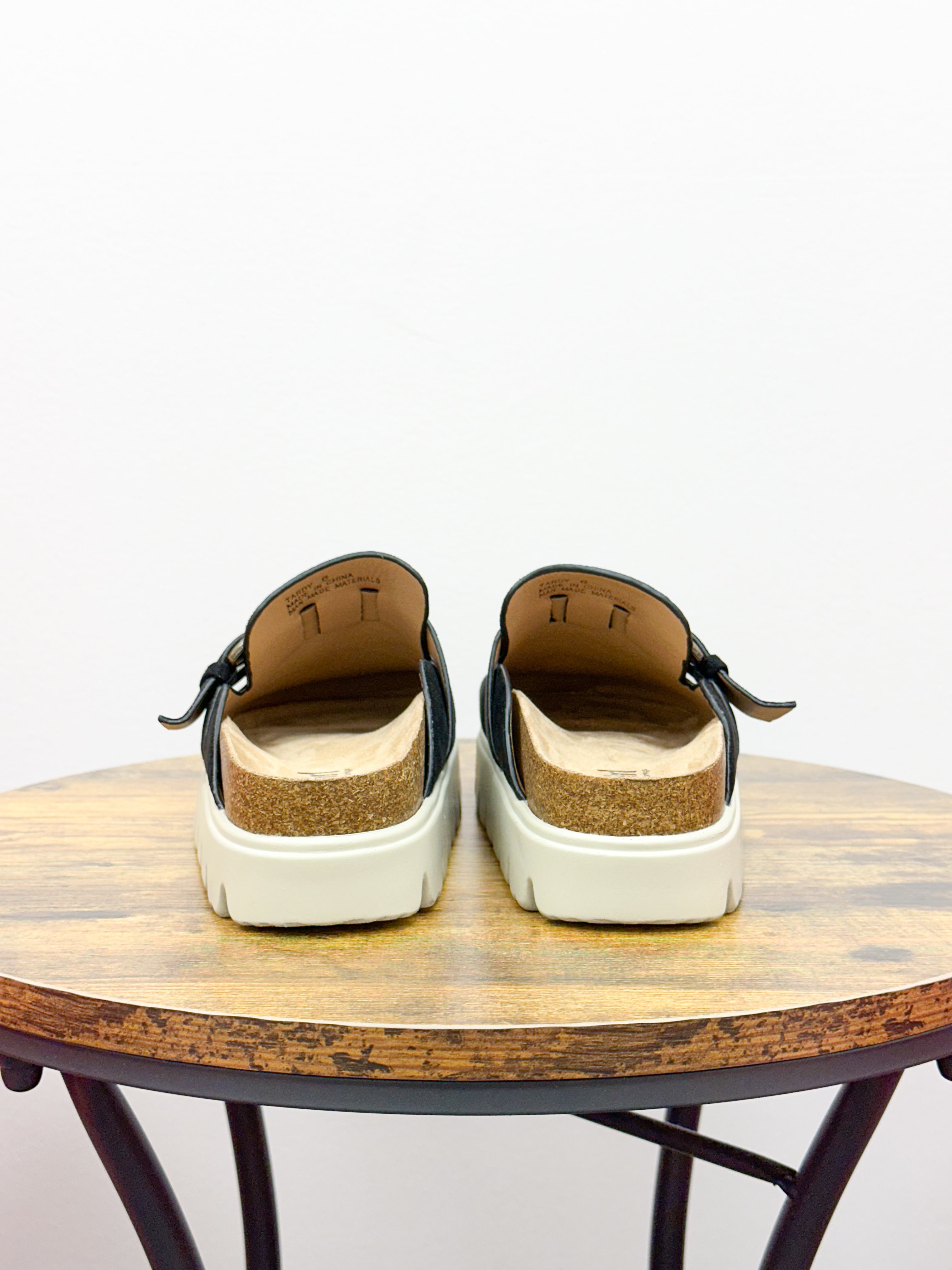 Corkys Tardy Black Faux Suede Platform Mules