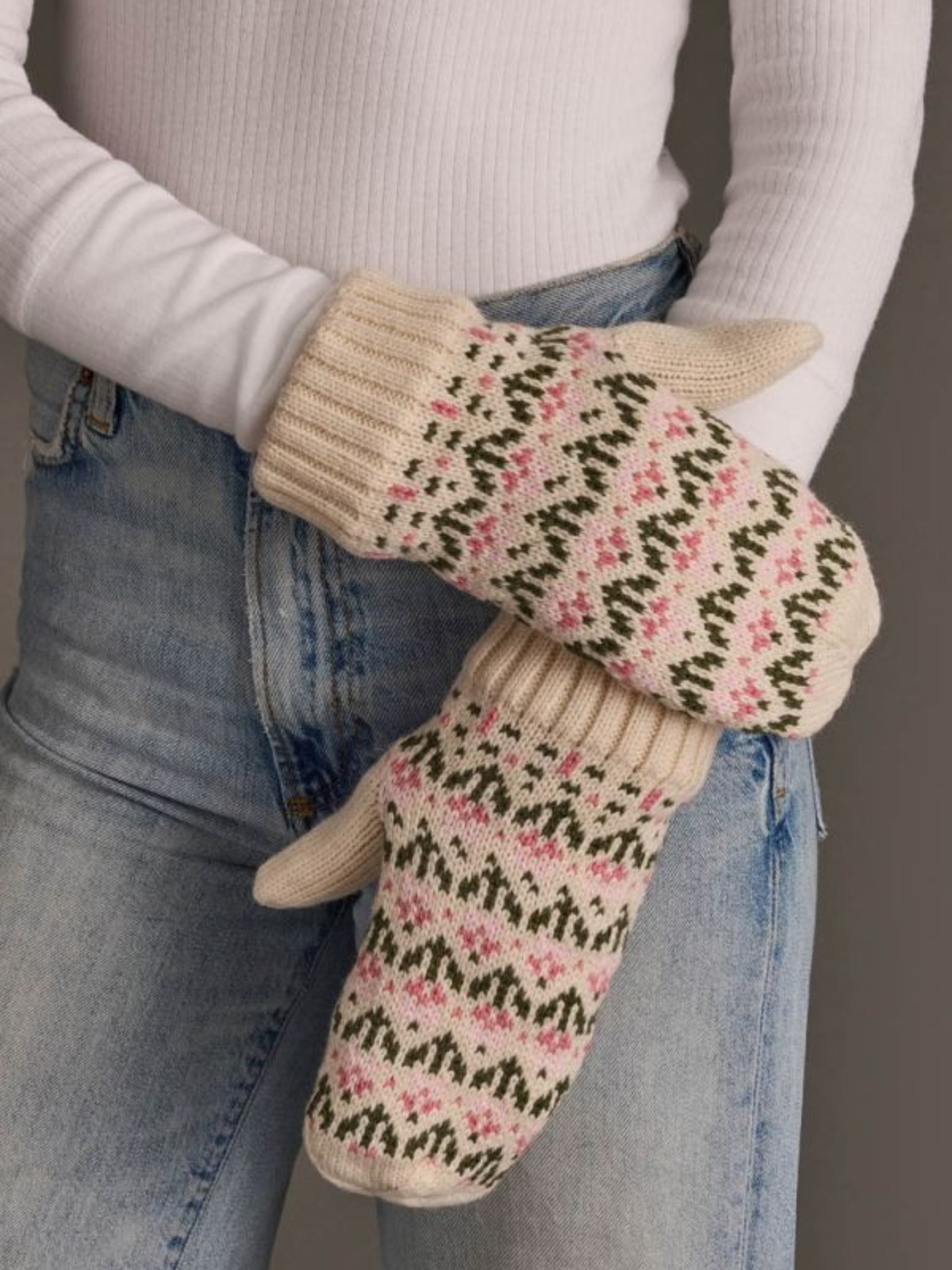 Cream & Pink Floral Patterned Mittens