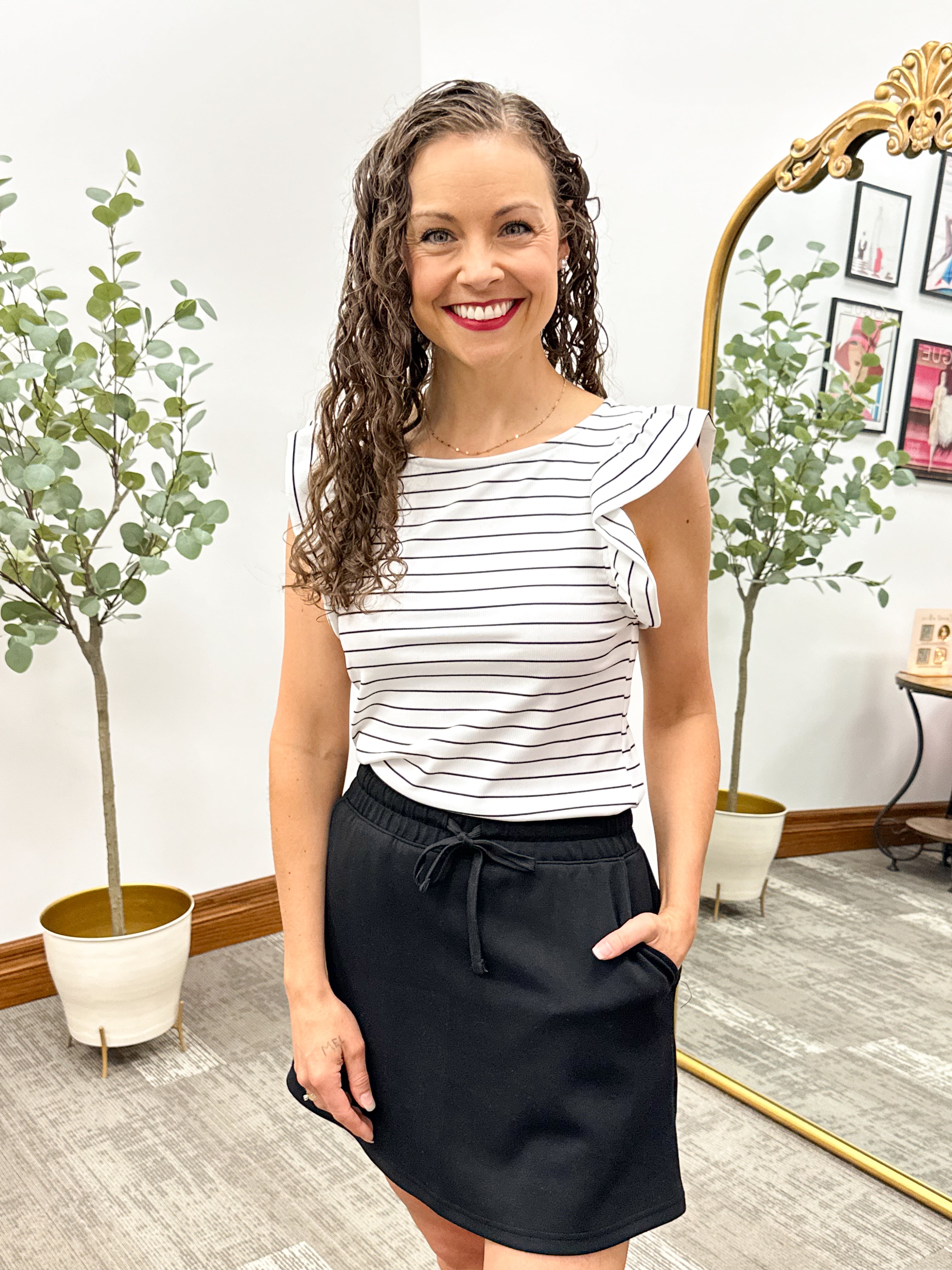 Black & White Striped Ruffle Sleeve Top