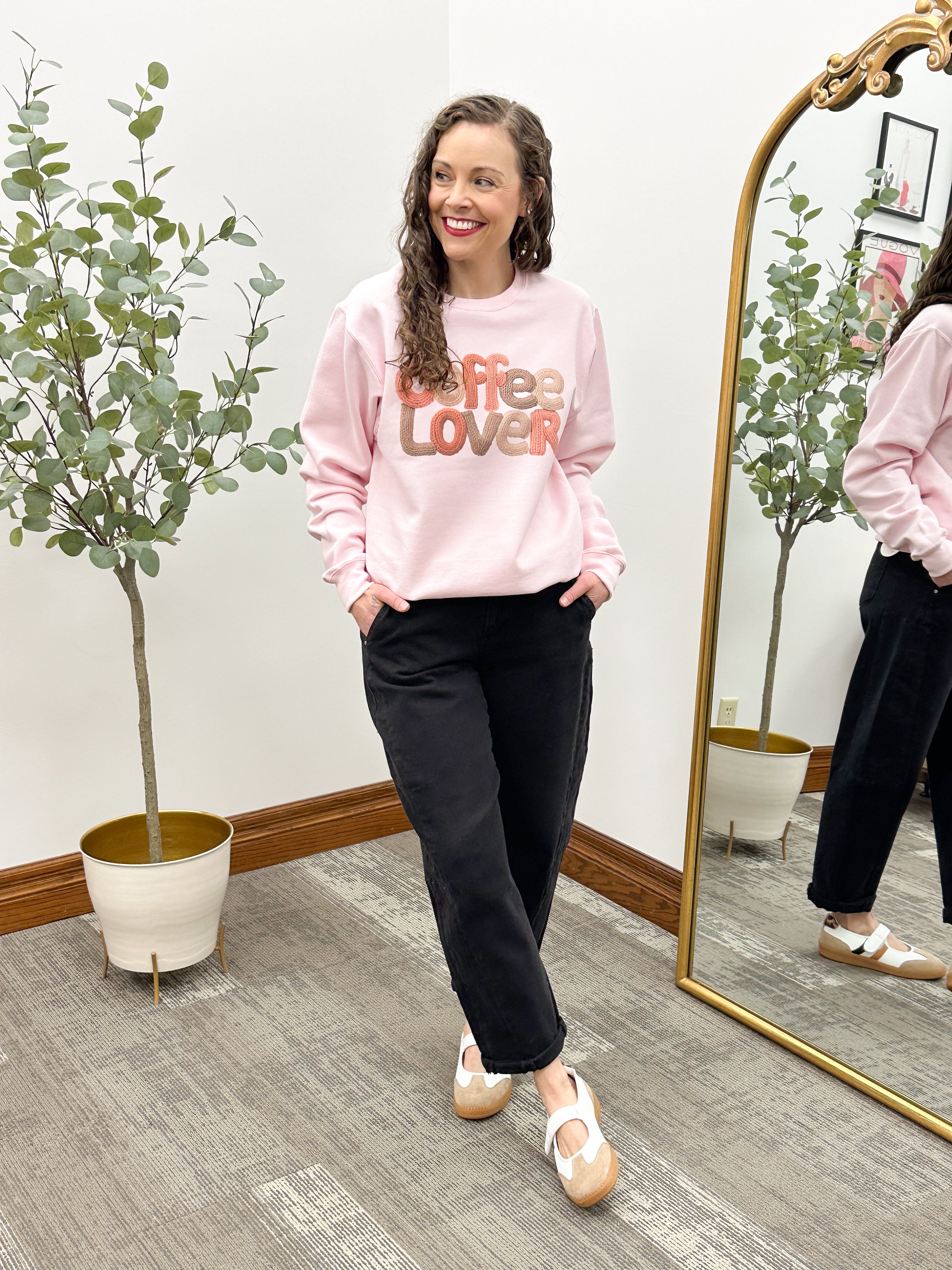 "Coffee Lover" Knit Yarn Print Pink Crewneck Sweatshirt