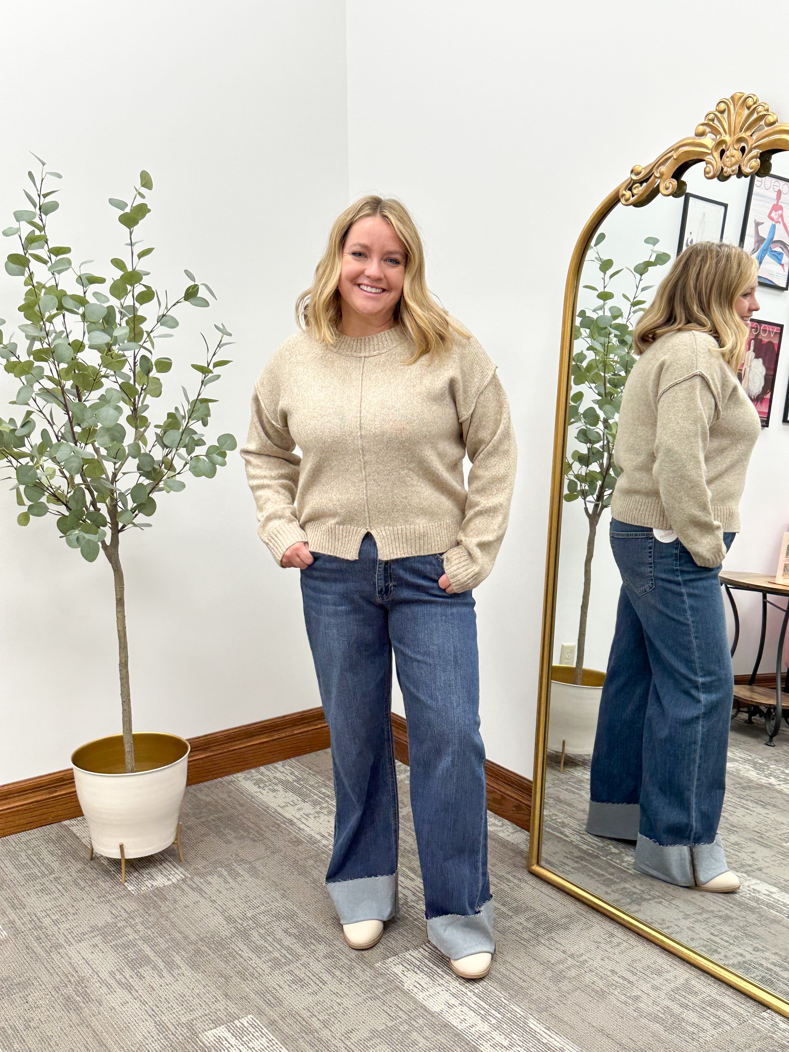 Neutral Front Split Hem Sweater