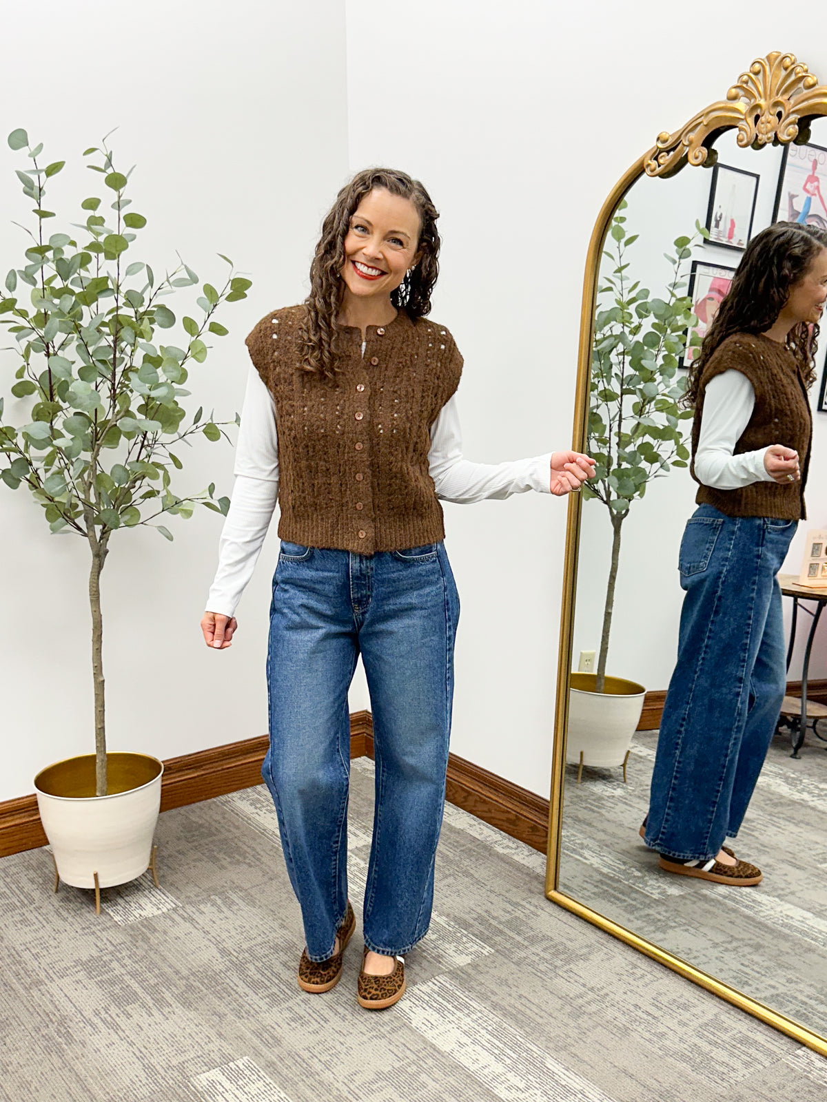 Brown Open Knit Button Front Sweater Vest