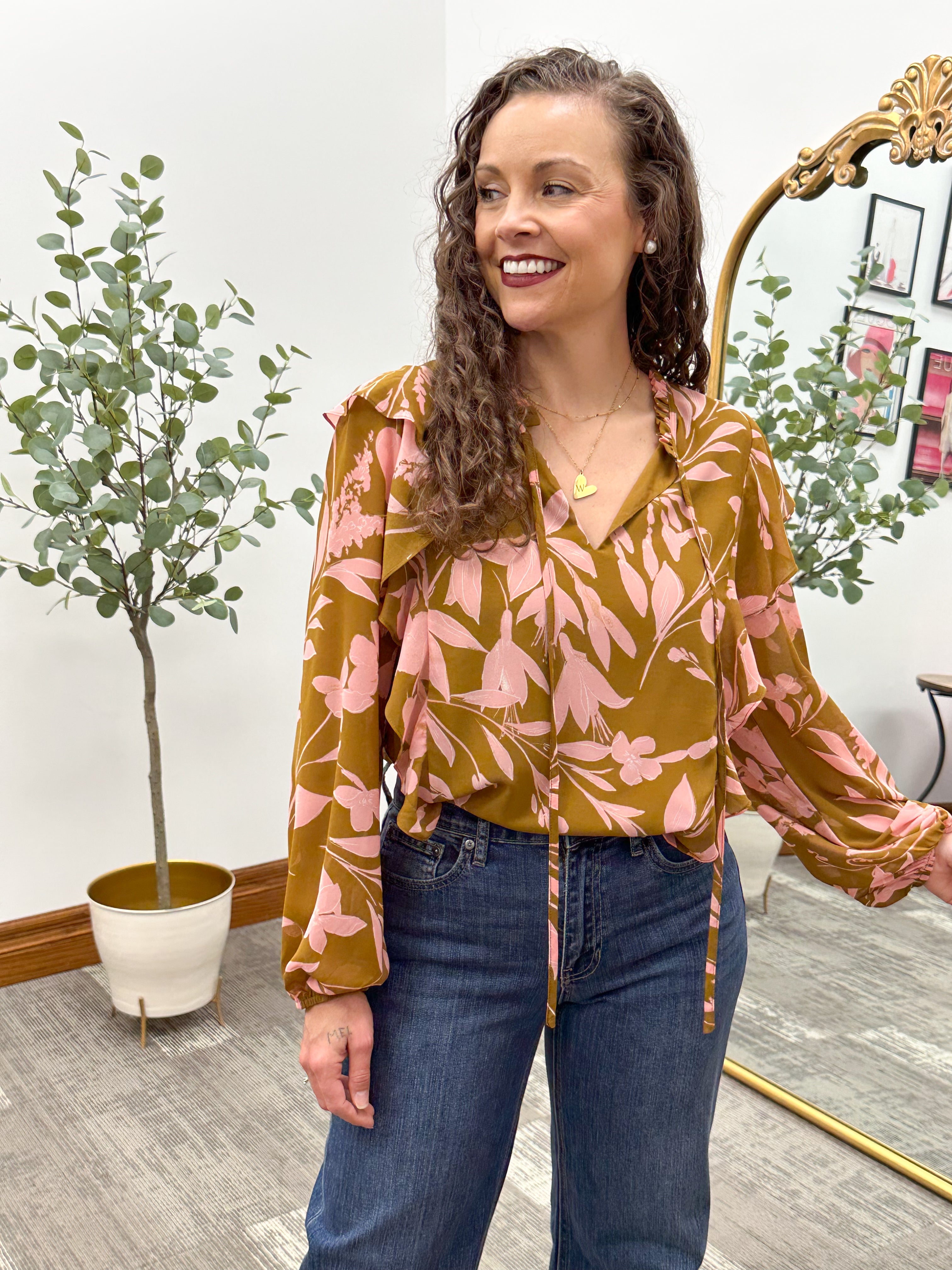 Brown & Pink Floral Ruffle Blouse