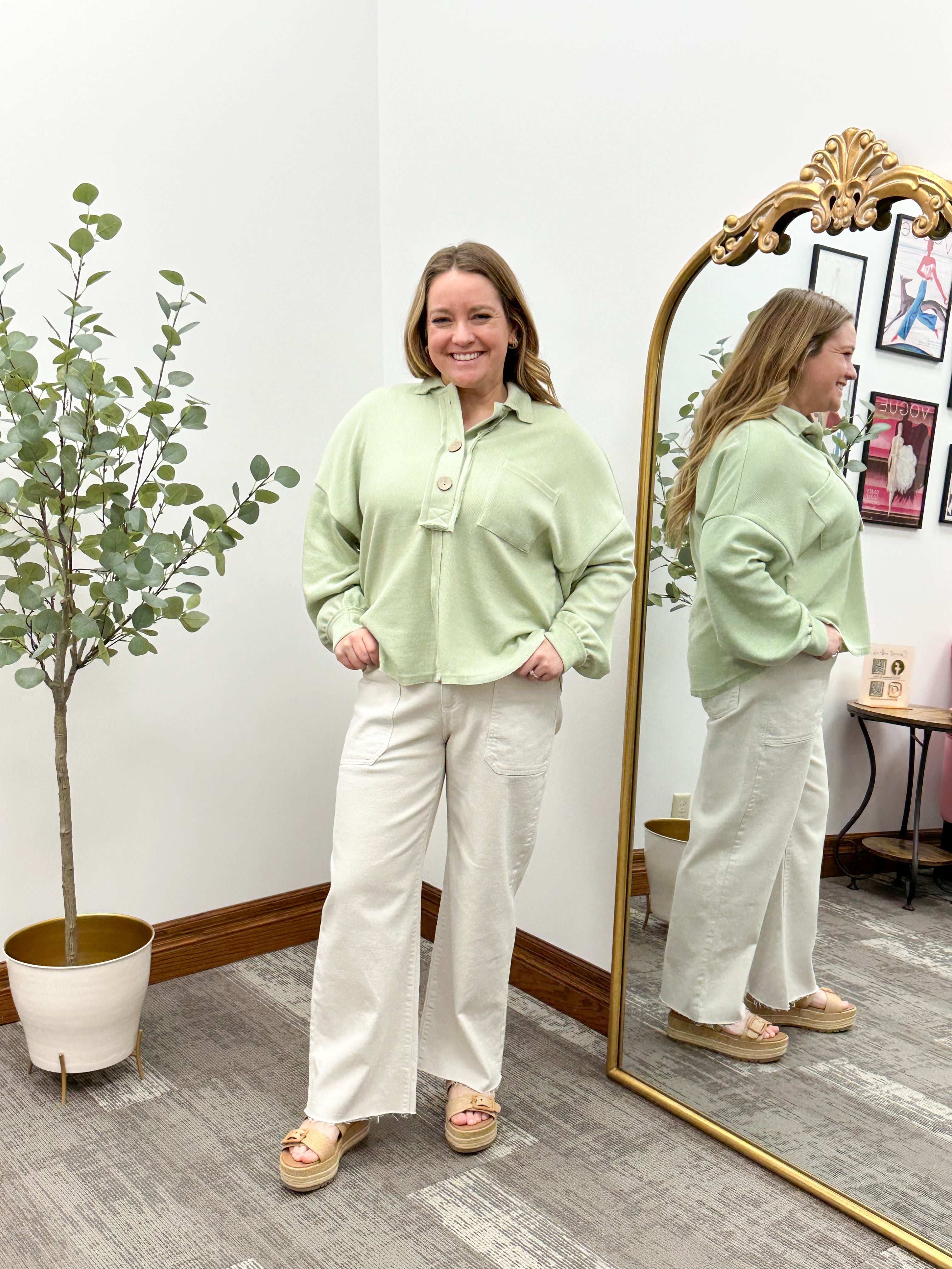 Lexi Sage Collared Button Top