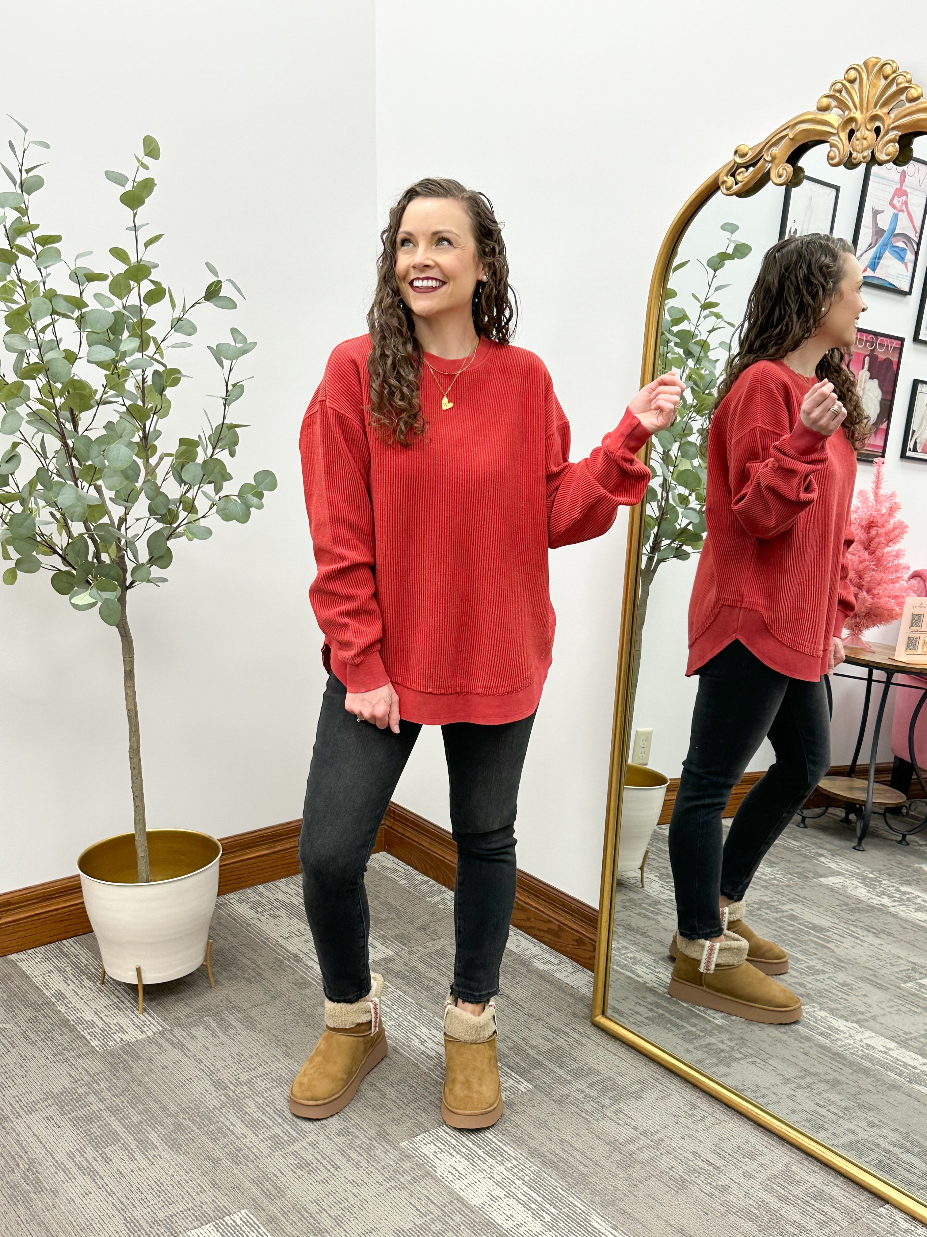 Red Rounded Hem Corded Crewneck Sweatshirt