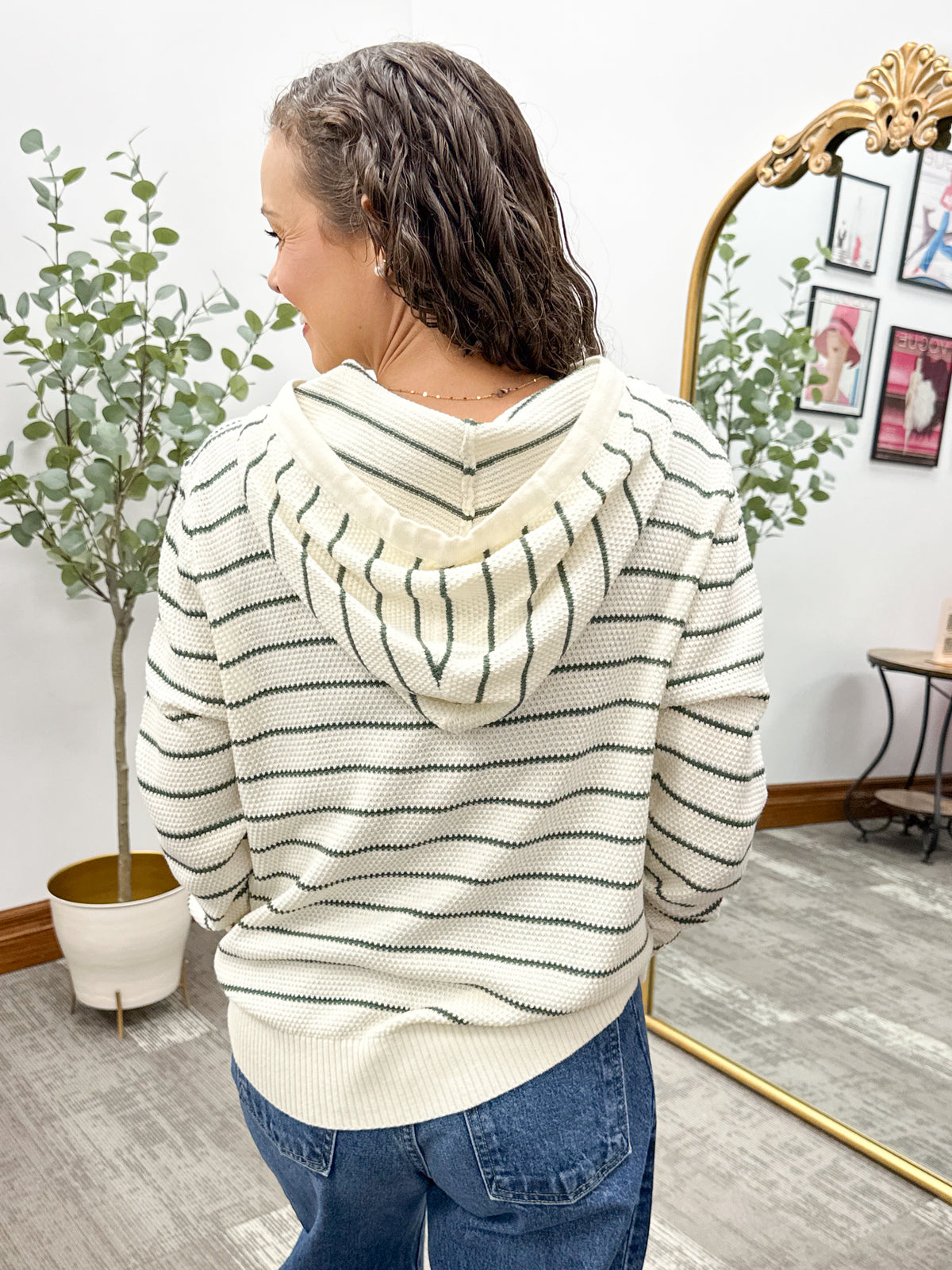 Striped Waffle Knit Hooded Sweater