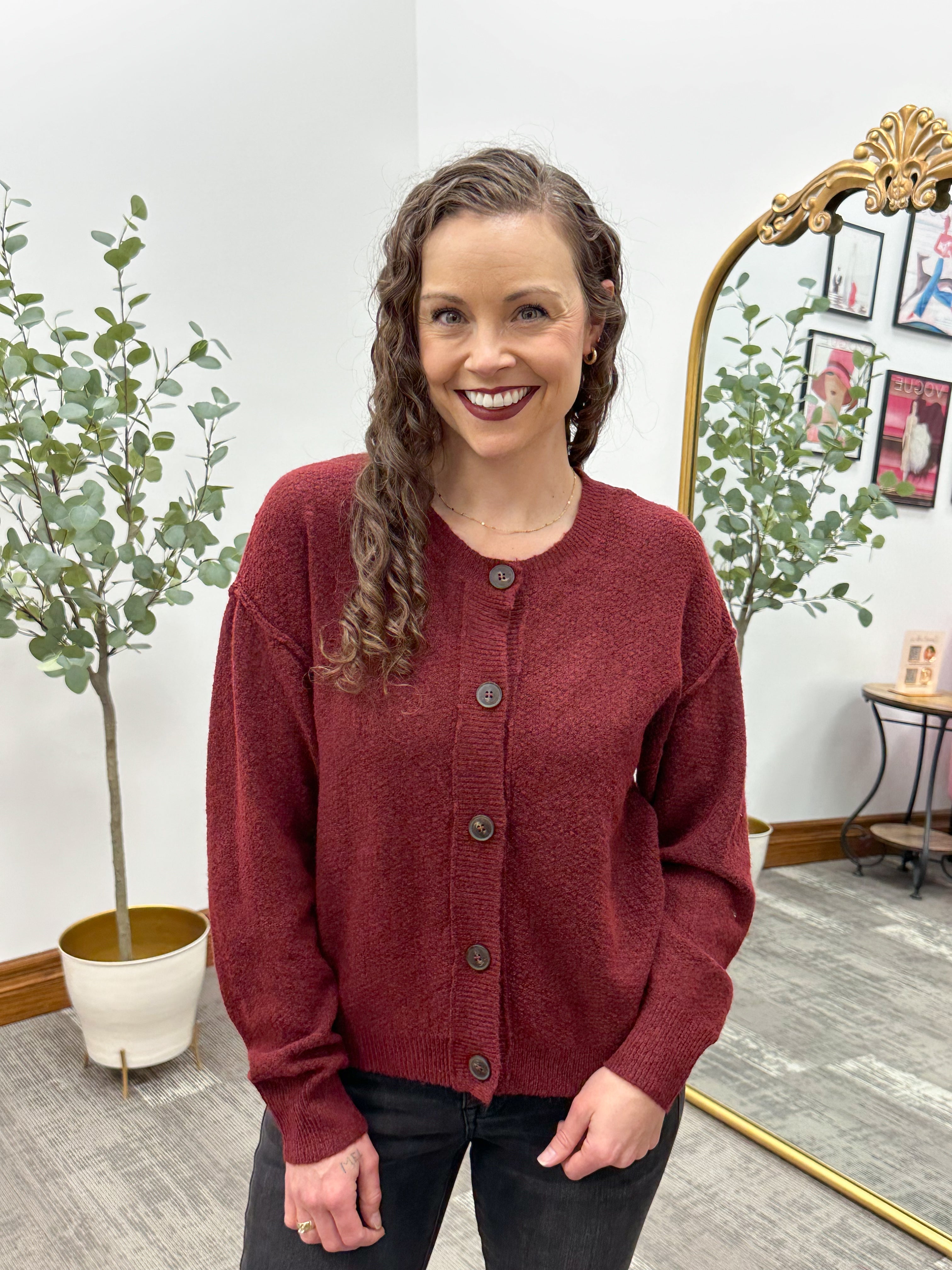 Burgundy Waffle Knit Button Cardigan