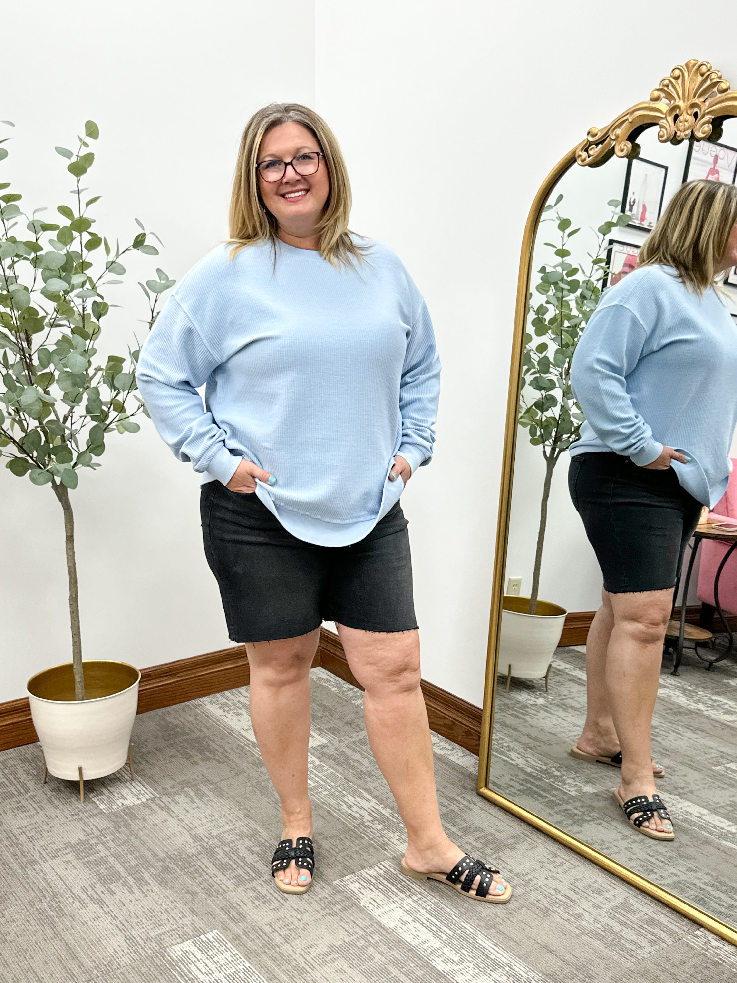 Sky Blue Rounded Hem Corded Crewneck