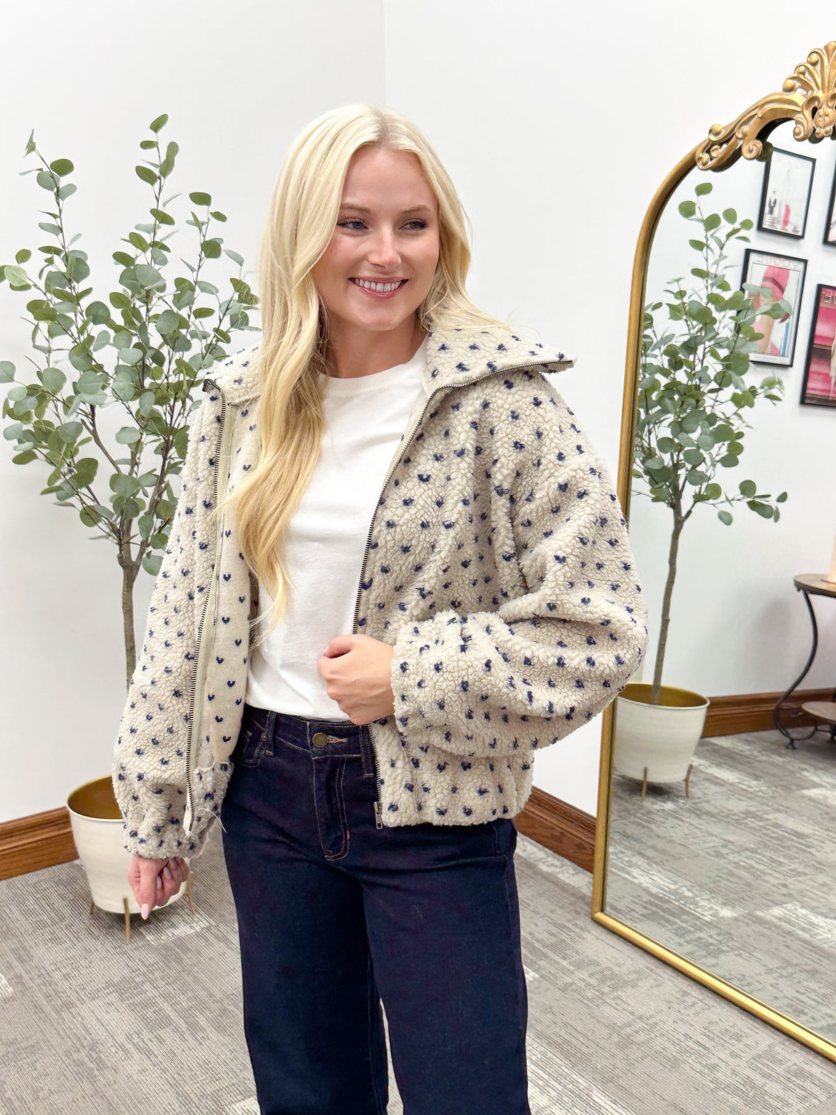 Navy Heart Print Sherpa Zip Up Jacket