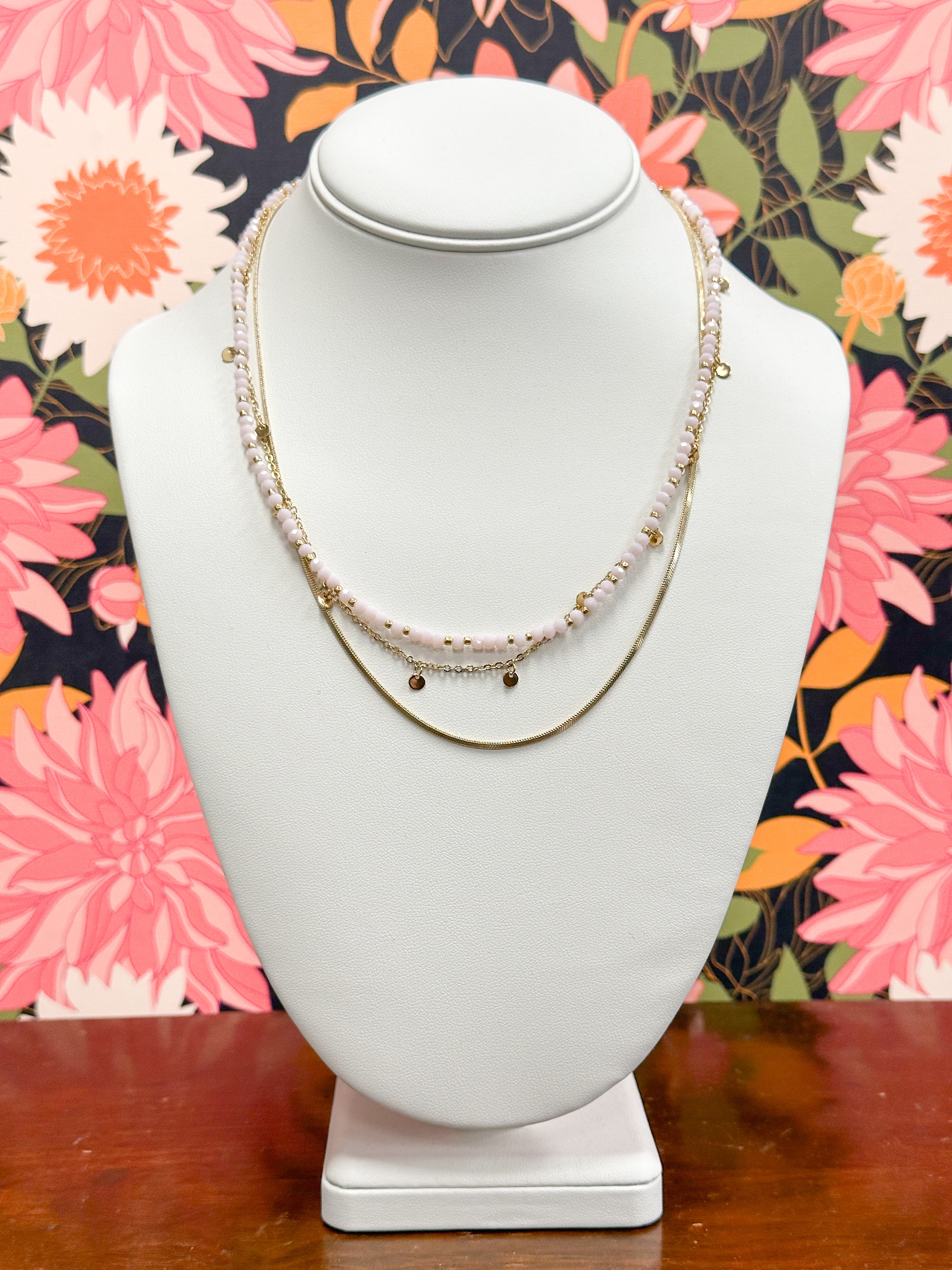 Pink Bead & Gold Chains Layered Necklace