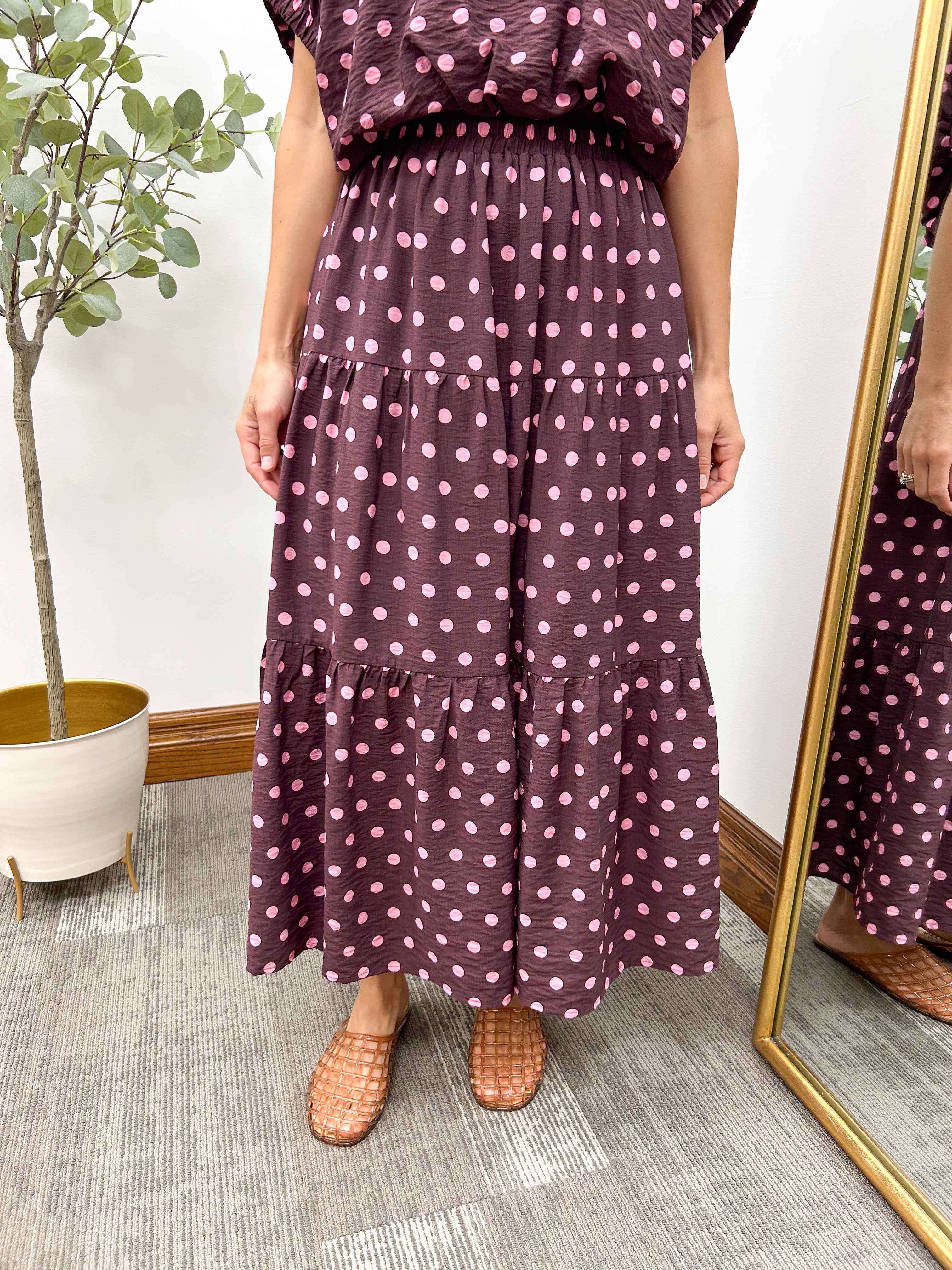 Pink Polka Dot Tiered Midi Skirt